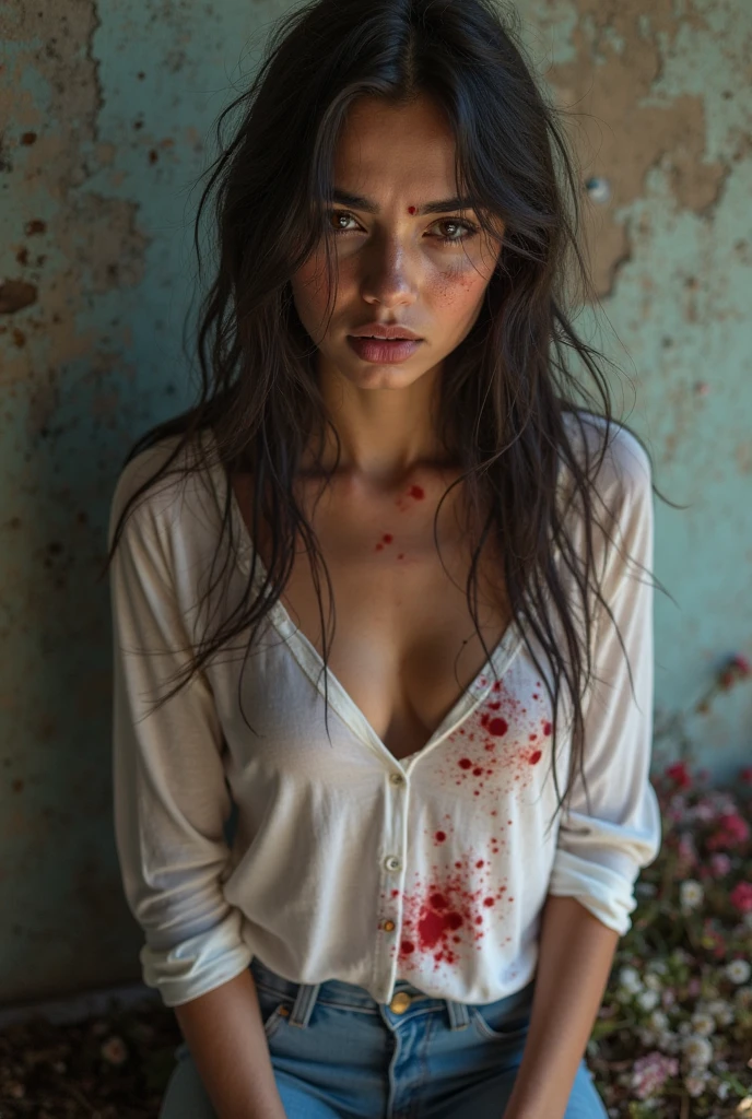 Woman wearing white shirt urinating on her clothes