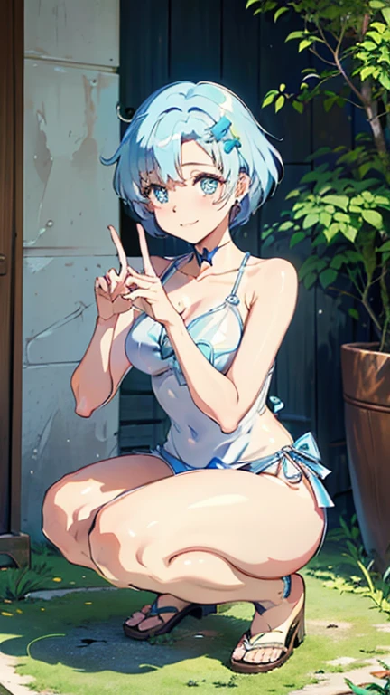 masterpiece, 1girl, best quality, hoshimachi suisei, blue hair, blue eyes, beret, mini crown, right side ponytail, blue hair ribbon, black hair ribbon, single sidelock, :3, black footwear, black ribbon, blue bow, open mouth, ribbon,, cowboy shot, small breasts, leaning forward, cloister,outdoor ,(navel:1.3),pool,(white bikini,lace,frilled,frills,see-through:1.3), puffy seelve,thigh highs, blush, breasts, FROWN,BLUSH,SHY,OPEN MOUTH,
,doggystyle,ass,SIDEBOOB,(marture female:1.6),175cm ,nsfw,(looking back:1.4)