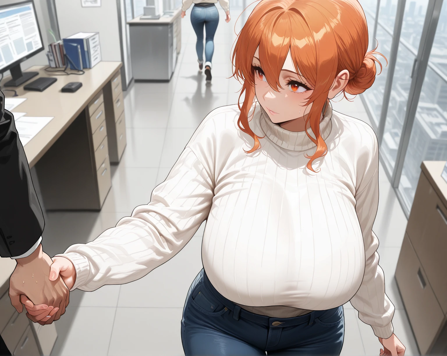 2 women subjects,((comic about swollen breasts)) a topless 20 year old woman patient with ((engorged breasts)) having her bust measured, fat blonde older nurse with glasses staring at patients breasts, embarrassed patient with red hair and blonde highlights, in the style of Norman Rockwood, highly realistic oil painting, good anatomy, good arms, realistic arms and torso, detailed clinic background, (Safe for work:1.5)