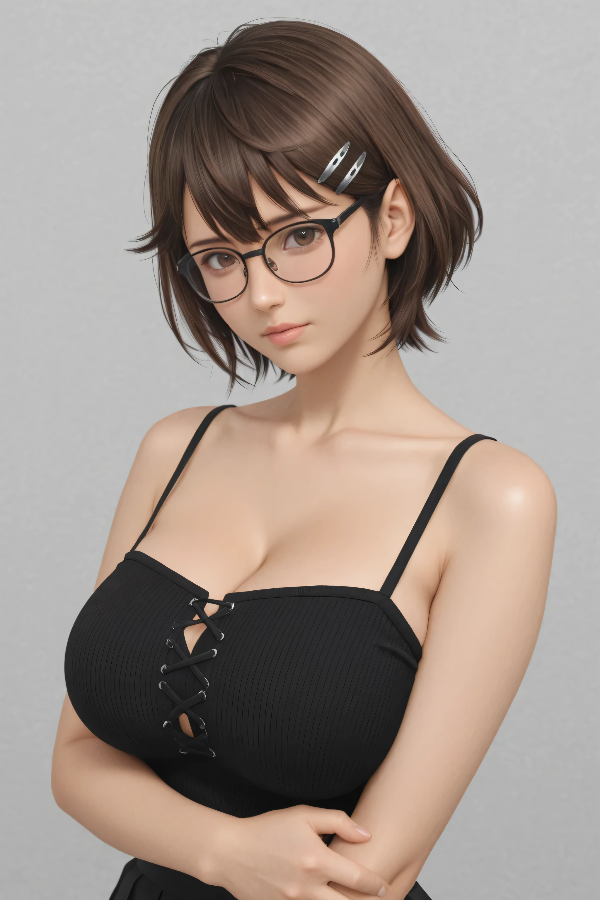 tsukushi \(doax vv\),short hair,brown eyes,large breasts,hairpin,glasses,