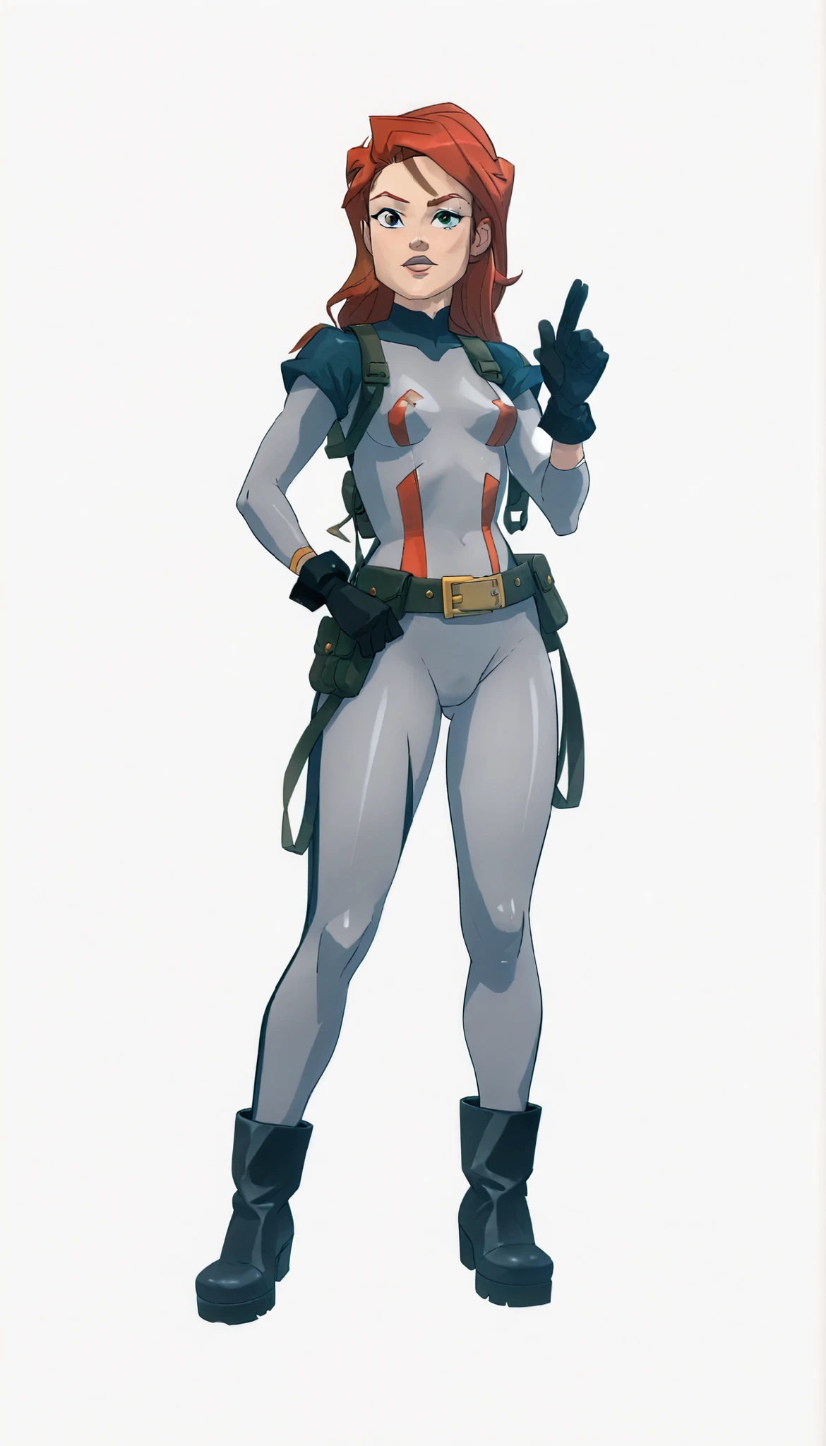 ((Penny)), ((Bolt’s Disney)), (My Hero Academia Style), (((High Quality))), (1girl), (solo), (female), (((perfect face))), (((perfect hands))), (((perfect anatomy))), (Thigh Gap), (Knee gap), (ankle Gap), ((Full Body Photo:1.5)), ((looking at viewer)), ((skindentation)), (Standing), ((slim Hips)), ((slim Waist)), ((slim Thighs)), ((slim claves)), ((Flat Breasts)), ((Straight Hair)), ((Brown Hair)), ((Long Hair)), ((Hair Intakes)), ((Red inner Hair)), ((Two-toned Hair Style)), ((Belt with pouch)), ((Light eyes)), ((Tight Skinned Full BodySuit)), ((Two-toned Bodysuit)), ((Black and red Bodysuit)), ((Athletic Body)), ((Slim Body)), ((Slender Body)), ((Black Combat Ankle Feetwear Boots)), ((Black Combat Handwear Gloves)), ((Simple Gray Background)),