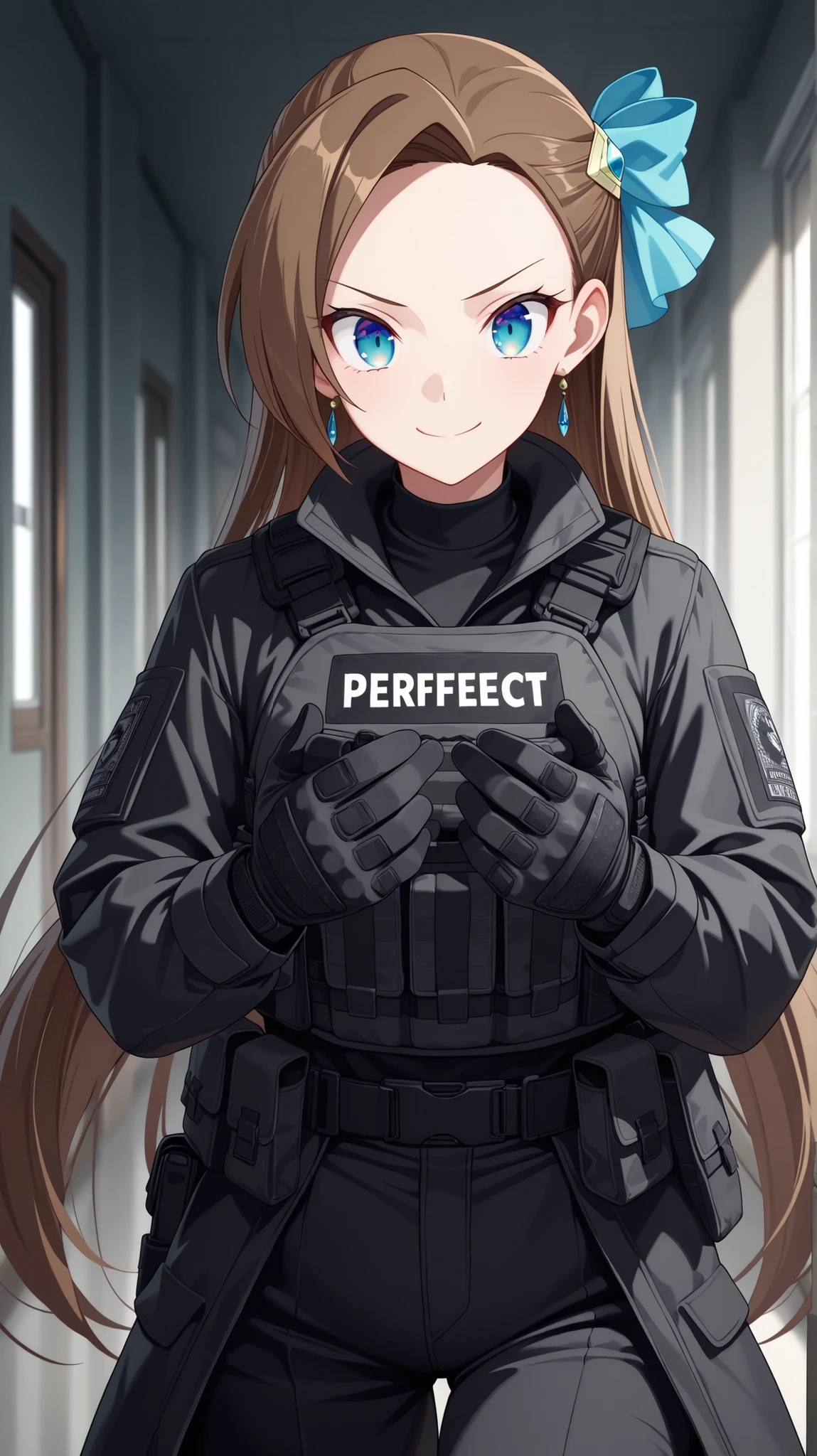 absurdres, (((Ultra HD))), (((Ultra High Quality))), ((hyper detailed)), ((Ultra High Resolution)), (Highly rendered), ((detailed eyes)), (((8K))), ((perfect face)), ((masterpiece)), cinematic, solo, 1girl, smile, hallway background, catarina claes, long hair, bangs, brown hair, blue eyes, asymmetrical bangs, tactical clothes, black shirt, black coat, tactical gloves, black pants