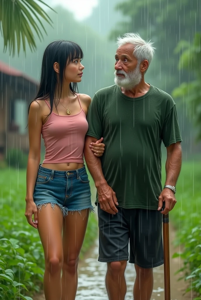 (masterpiece), best quality, ((old man in striped blue suit)) holds (((nude naked nude naked teen girl who has an unhappy face and holds an umbrella))) and has medium breast and nipple and vagina and short bun hair and earring and and necklace and wristwatch, carpark setting, rain,