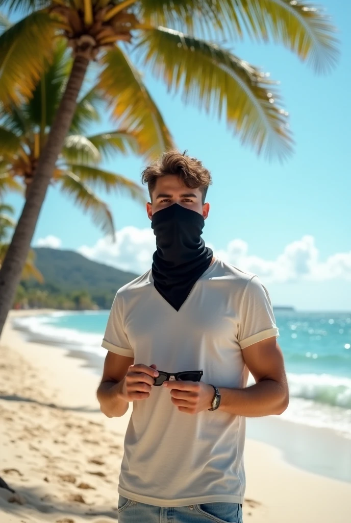 Make two shirtless men but their heads are a black school bag and another beige school bag on a beach