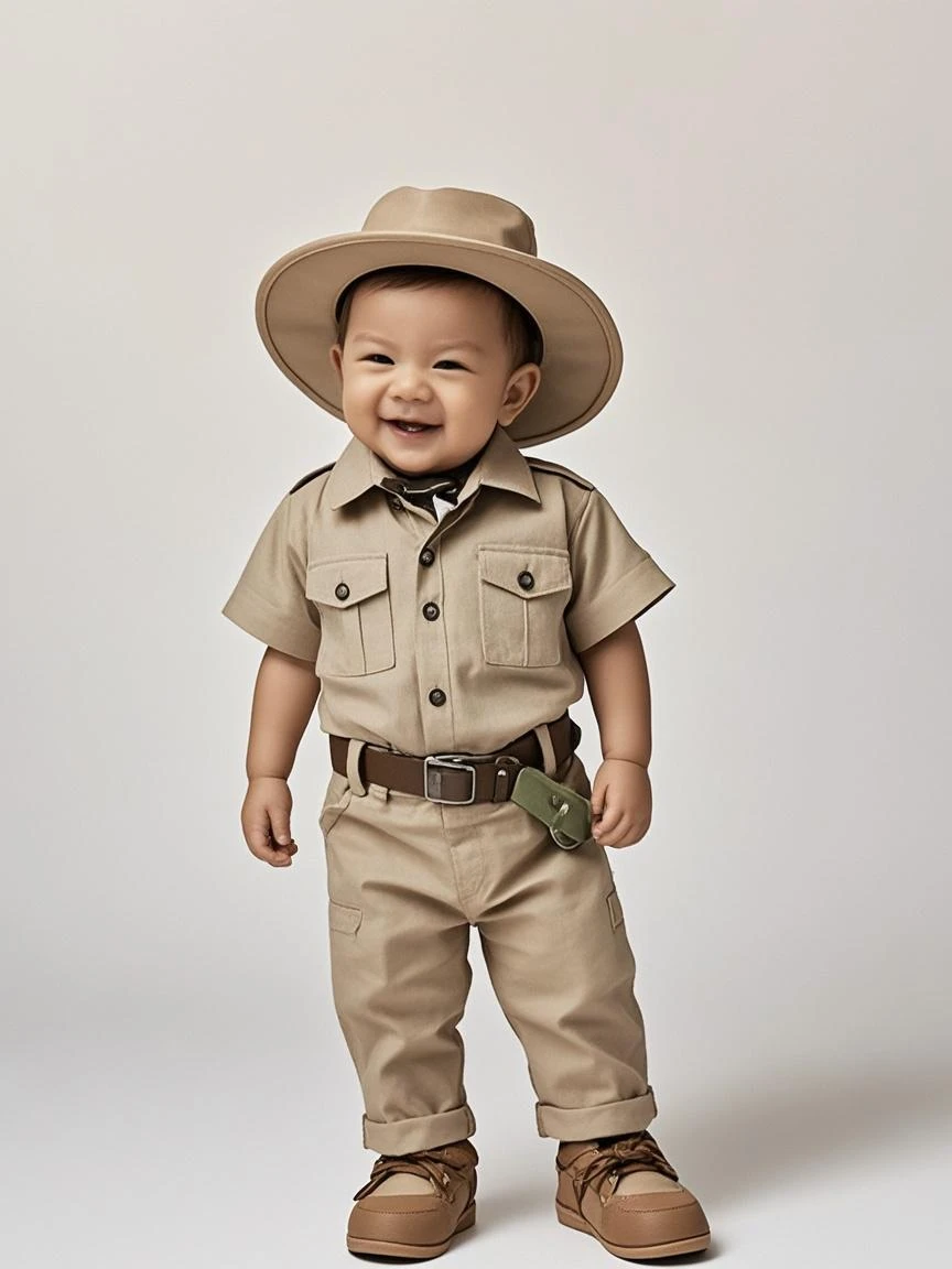 Create UHD photorealistic realistic image, no animation, no 3D image, no Pixar style. Capture an 18-month-old boy dressed in a woodland explorer outfit, standing among lush greenery with a look of discovery. Use a 35mm lens for a detailed environment and natural background blur. Lighting should be soft and dappled, mimicking sunlight filtering through trees. Ensure the boy’s hand shows exactly five fingers, and the photo should feel like a professional nature-themed studio shot. The image should reflect adventure and exploration.