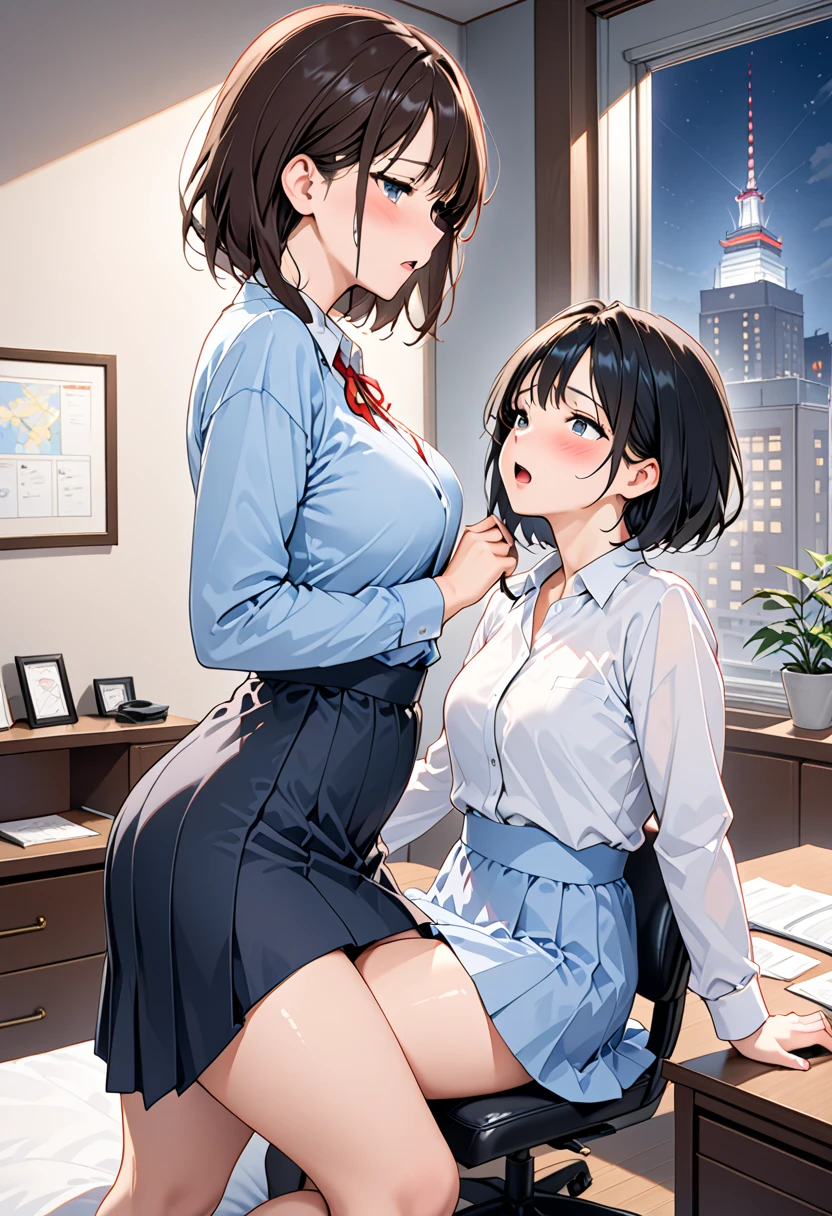 masterpiece, best quality, high definition images, atmospheric perspective, expressive eyes, perfect face, ultra detailed, solo, 1mature seductive woman showing panties on purpose, kind smile, pinup, sexy pose, alluring pose, female teacher, black short bob hair, simple glasses, business suit, jacket, blouse, pencil skirt, tight mini skirt, lifting skirt, open legs, black panties, curvy, thighs, pantyhose, high heals, open mouth, from below, in study room,