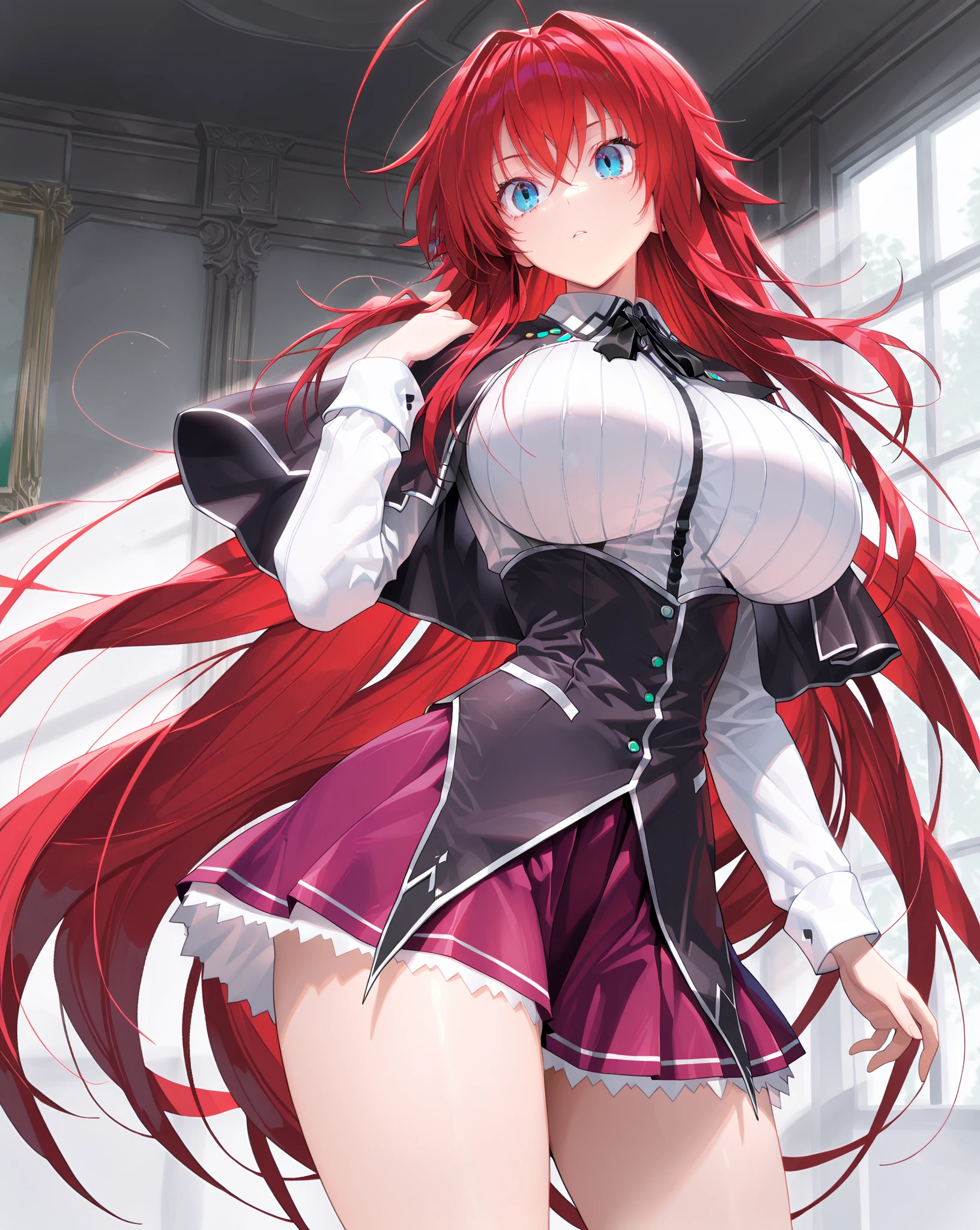 realistic, 1girl, Crimson hair, light particles, light rays, wallpaper, ((rias_gremory)) blue eyes , (masterpiece, best quality, ultra-detailed), (detailed background), high contrast, (best illumination, an extremely delicate and beautiful), ((cinematic light)), colorful, hyper detail, dramatic light, intricate details, smile, sharp face, pink lips, large breasts, french braid, (school uniform), breasts, long hair, solo, red hair, ahoge, , smile, large breasts, skirt, huge ahoge, very long hair, pregnant,pregnant belly,nsfw