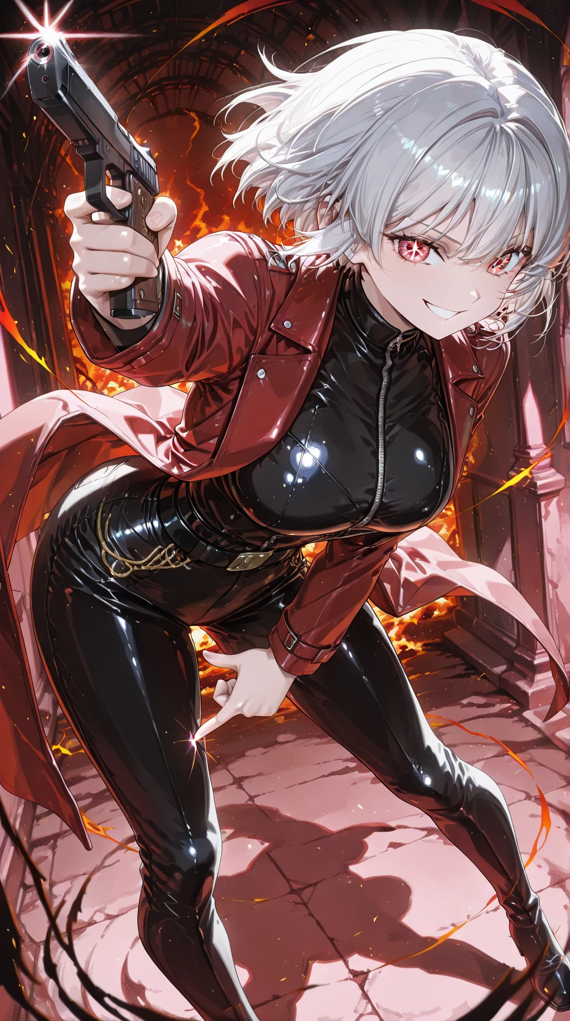 A demon hunter with short silver hair wears a long red leather trench coat with intricate details. She wears nothing under the red jacket, revealing her large, firm breasts. her jacket matches tight black pants and tall boots. Dante clothing.