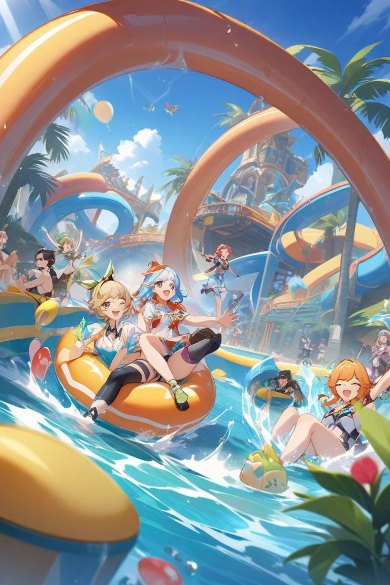 A group of people playing in the sea,very happily,A cartoon illustration, Official Splash Art, summer swimming party, Pool party, Mobile game art, Mobile game background, mobile game, Featured art, Official artwork, Game illustration, wallpaper splash art promo art, epic splash cover art, background artwork, key art, pc screenshot, Official illustration, 3 d icon for mobile game