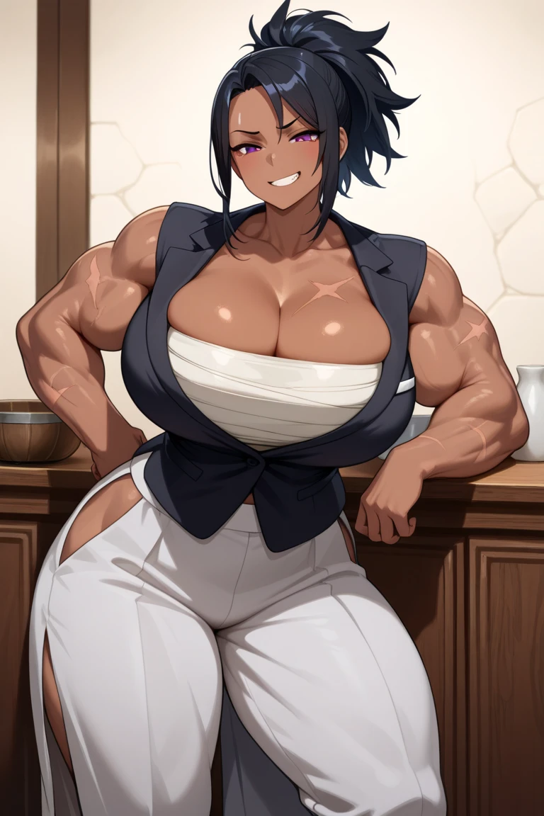 Big woman, nervous, in tight clothes, embarrassed to be seen, very tall, broad shoulders, long black hair, virgin killer sweater, muscular, tone body, sitting in a high end restaurant, date night, eating at night time, romantic dinner,