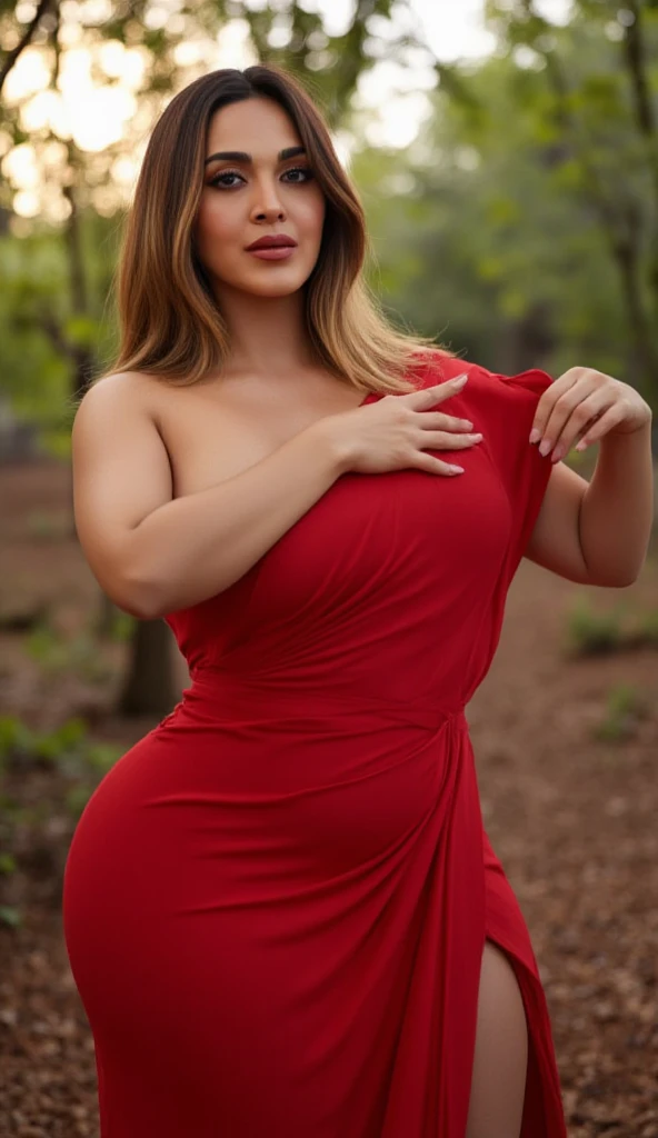 araffe woman in a red dress, magical outdoor location, lorena avarez, perfect body, green eyes, in a red dress, sexy red dress with massive slit in the centre revealing sexy legs, wearing a longv red dress, wearing a long red dress, tight dress, curvy hourglass figure, woman wears a long red dress, curvy model, long red dress, irina nordsol kuzmina, profile pic, curvy figure, huge breasts, tall, sexy pose.