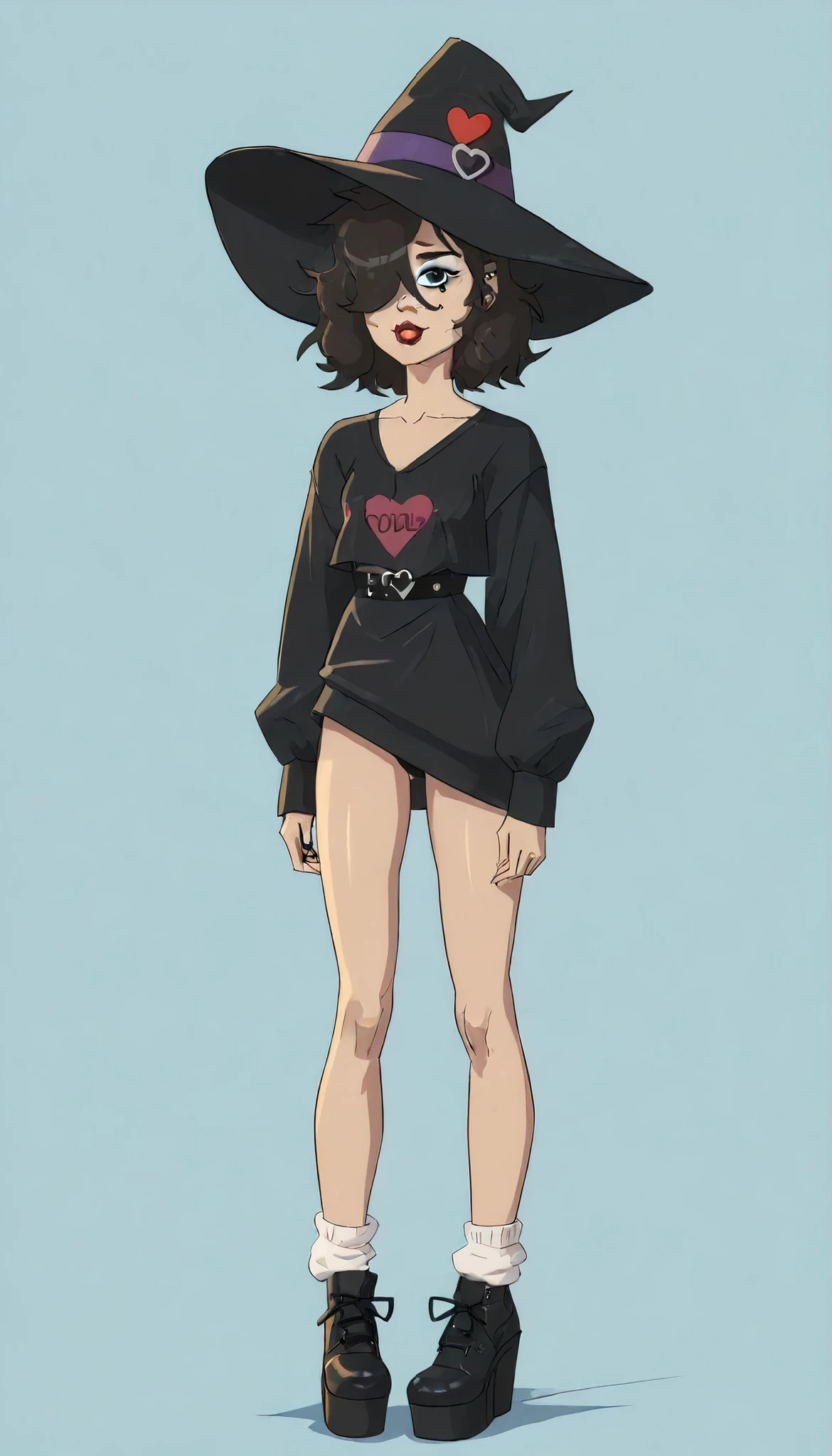 (((Top quality))), (simple background), 1girl, single, standing, full body, flat breasted, Drooping eyes, boring woman , messy hair, black hair ,hair over one eye, two sides up, heart-shaped pupils, Gothic ta headband, witch hat, tongue, presumed, platform boots, loose socks