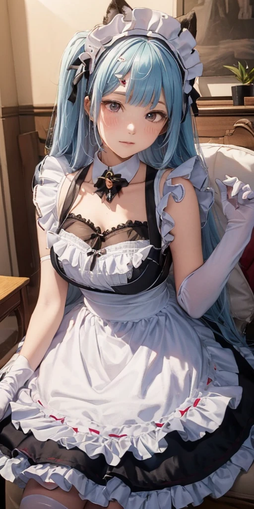 maid cafe, stockings, cat ears, (maid costume, raincoat:1.2), bed, sleeping, choker, bowtie, (pleated skirt:1.3), lora:shirtliftALORAFor_shirtliftv1:1.5, lora:breastinclassBetter_v141:.5 , extremely detailed eyes, extremely detailed face, cute, (photorealistic:1.3), sexy lips, seductive smile, double eyelids, eyelashes, pale skin, perky breasts, full body, textured skin, 4K, RAW, best quality, sharp, hyper realistic, tall, (long slim legs:1.2), (thigh gap:1.2), blush, delicate and beautiful girl, 1girl, solo, (stunningly attractive:1.3), (dramatic:1.2),(masterpiece, best quality, ultra detailed, 8k, RAW photo:1.2), (Unreal Engine, photorealistic:1.1), (beautiful detailed face, a photography of a beautiful girl), (cowboy shot:1.2), (looking at the camera:1.1) BREAK (1girl), (full body:1.2), (beautiful hair), (extremely detailed CG unity 8k wallpaper of a girl with kawaii hairstyle and white marble glowing skin and perfect symmetrical pretty face:1.3), (blue hair:1.3), (sad:1.2), soft light, (over 12 years old, under 20 years old:1.2) BREAK ), gigantic breasts from azur_lane, (cleavage:1.2), (sexual pose:1.3) BREAK (on the bed:1.3), (see the persons:1.2), (looking from behind:1.2), taken by Canon EOS, SIGMA Art Lens 35mm F1.4, ISO 200 Shutter Speed 2000