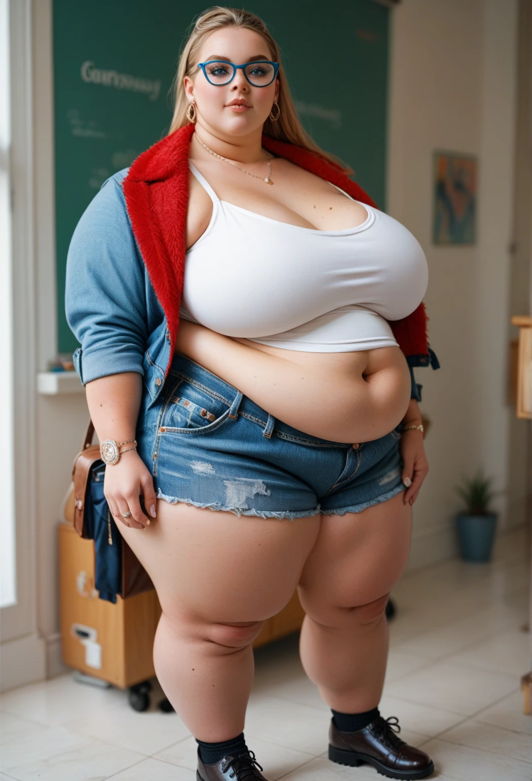 A peaceful photo of a young cute nerdy redhead bbw student with long wavy ginger hair soft fat belly, wide fat obese hips, thick fat legs and fat arms, cute pretty face, small breasts, blue eyes, freckles, in long tight belly covering shirt and trousers, wearing a backpack in front of a school