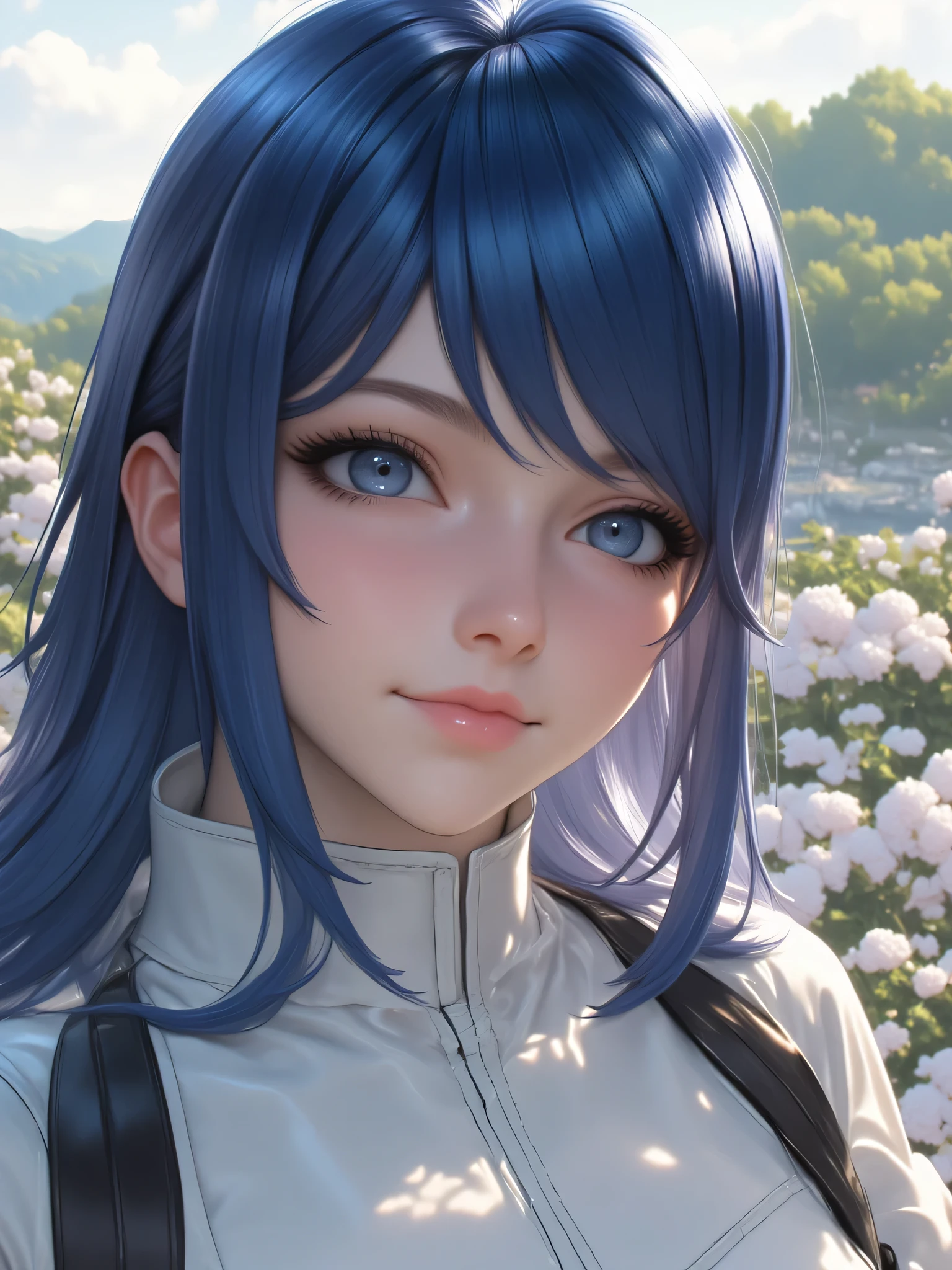 Portrait of a very beautiful 22 year old a lady paladin, (((long hair))), (((Dark Blue hair))), (((shiny hair))), (((beautifully detailed eyes))), (((Light Sky Blue eyes:1.5))), (((bright eyes))), (((beautiful and detailed lips))), (((pink lips:1.5))), (((thin lips))), (((light smile))). (((dynamic pose:1.5, graceful pose))). (((Gothic leather armor in Bright white color:1.5, very detailed))). (((Masterpiece))), (((high resolution))), (((high quality, UHD, 8k, 16k))), sharp focus, no blur, (((film grain))), dynamic angle, wide angle, panoramic, stunning image, epic landscape, soft lighting, cinematic lighting, midday lighting, top quality, (Best Quality), vibrant, colorful. ((Realistic cartoon, marinette Dopanchan, In the style of ff-ada))), midday, in the distance there is a forest as a background, spring, 1mountain in the background, (((blurred background:1.5))), (((depth of field:1.5))), bokeh.