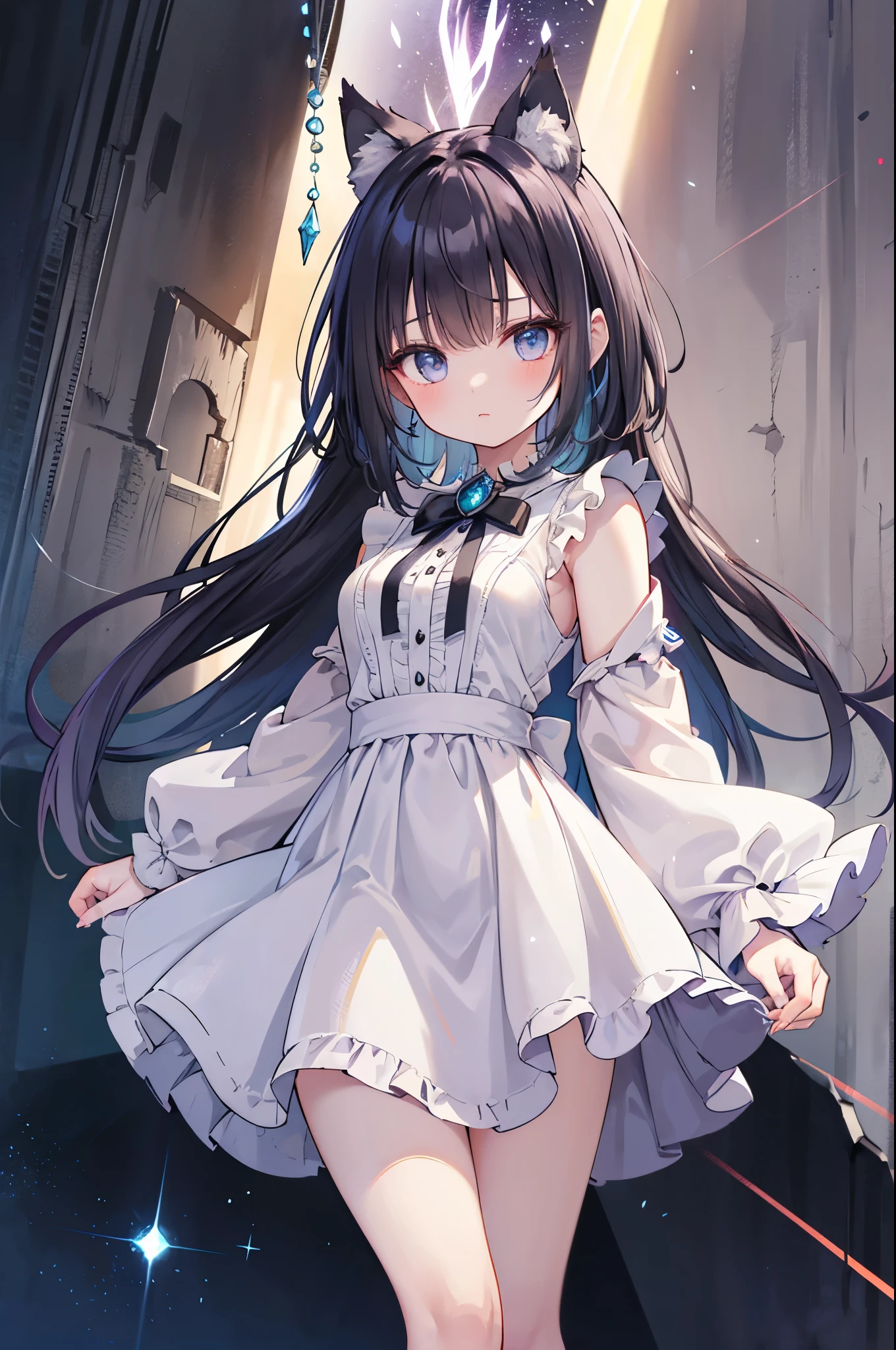 absurderes,(masterpiece、top-quality、8K ),intricate detailes,ultra-detailliert、1 down, (trap ,Otokonoko, Tom Girl:1.2), Solo, Male Focus, Very long hair, Cute anime face,(A slight smil:1.4),Indoor, ( flat chest, Bulge:1.2),((blush)), Black hair, Purple eyes, (Idol costumes、White dress with lots of frills:1.4),white knee highs、stage、spot light、Stand Microphone、Flowered headband、Hyper realistic,Perfect Anatomy