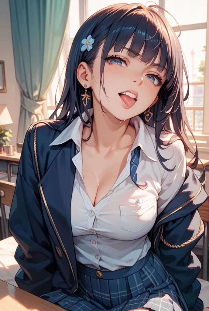 masterpiece、masterpiece、highest quality、highest quality、Accurate the human body、Accurate、Elaborate、masterpiece、Every detail of the face、Long-tailed, Dark Skin, Woman with dark skin, Side Ponytail, hair ornaments, Hair Clip, White shirt, Bra visible through clothes, Chest pocket, Black choker, Blue tie, Purple scrunchie, bracelet, Blue pleated mini skirt, Thigh straps, Detailed Background, whole body, Leaning forward, alone,Big cleavage、(Super big boobs、Sweatのvapor:1.5、Oily skin:1.3)、(Japanese love hotel bedroom:1.5、Sexy lying in bed、(Grin、Mesugaki Smiles:1.3 、Double Peace、)、The beauty of the eight-headed、Mature adult woman、Absolutely safe、Small face、Beautiful Girlfriend、(Exclamation mark, Moaning, Many Hearts,Voice of the Heart, Comic Strip, (Moving lines, Motion Blur, Shaking violently:0.5)、big heart speech bubble, NTR composition、(((Sweat,vapor))),