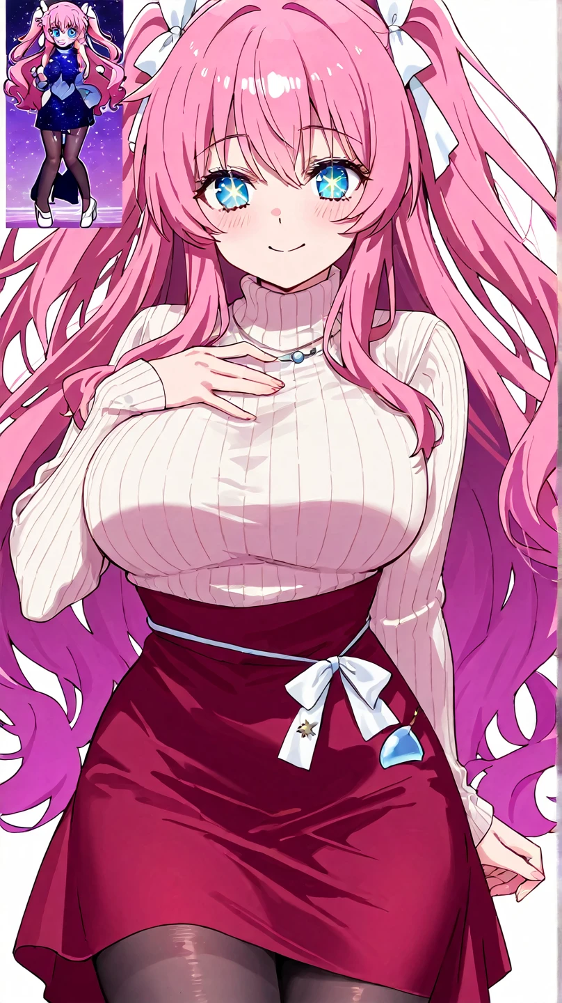 private teacher、Big Breasts、Pink Hair、Long Hair、Straight Hair、Ahoge、Kind older sister、Green Eyes、Droopy eyes、smile、sweater