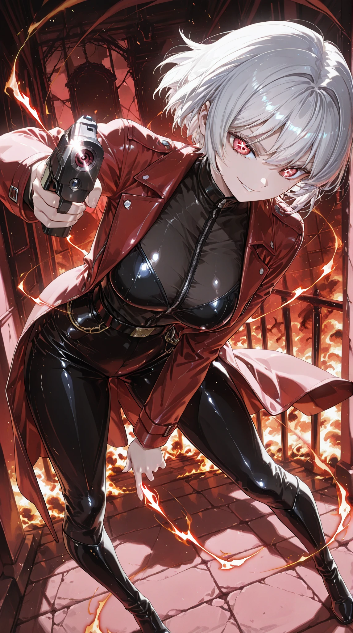 Seras Victoria, red uniform, scarlet eyes, unbuttoned shirt, shows breasts, deep cleavage, black lingerie, seduction, smiling, vampire fangs, photorealistic, cinematic lighting, dramatic angles, highly detailed, 8k, hyper realistic, sharp focus, masterpiece