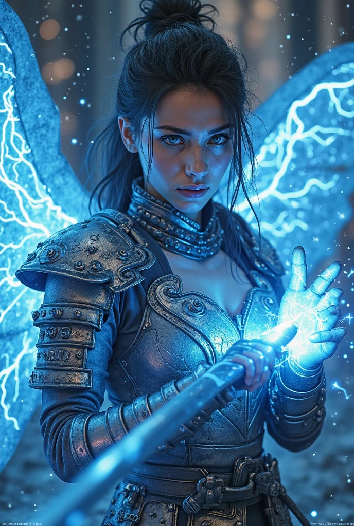 Aletta Ocean, angry evil beautiful and muscular, Nordic female, towering storm Giantess with blue black hair in a ponytail, older and mature woman, throwing a lightning ball, celtic glowing tattoos, wearing silver nordic steel runic plate mail Armour , temple cave background with lightning storm, glowing blue eyes, square jaw, powerful and imposing, winter clothing, pale blue purple skin, ((full plate silver celtic dragon armour)), nordic tattoos with bodybuilder physique
