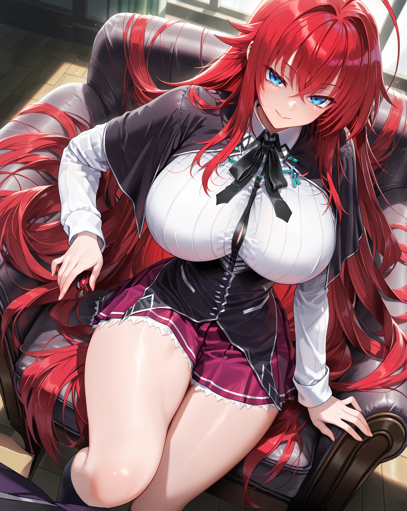 (masterpiece:1.2), best quality, high resolution, unity 8k wallpaper, (illustration:0.8), (beautiful detailed face:1.2, beautiful detailed eyes:1.2), perfect lighting, extremely detailed CG, (perfect hands, perfect anatomy),
Cute, beautiful, charming lady, shiny hair, lustrous skin,
milf, married woman, soft With a gentle appearance and a gentle mother-like atmosphere,
Cute, beautiful, charming lady,
rias_a, long hair, red hair, very long hair, ahoge, blue eyes, large breasts, breasts, , skirt, socks