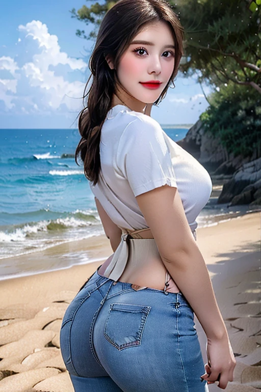 a woman in denim shorts posing on the beach at sunset, bae suzy, sun yunjoo, heonhwa choe, jaeyeon nam, hot with shining sun, hwang se - on, casual pose, lee ji-eun, lee ji - eun, gorgeous young korean woman, korean girl, beautiful young korean woman, korean women's fashion model, sakimichan