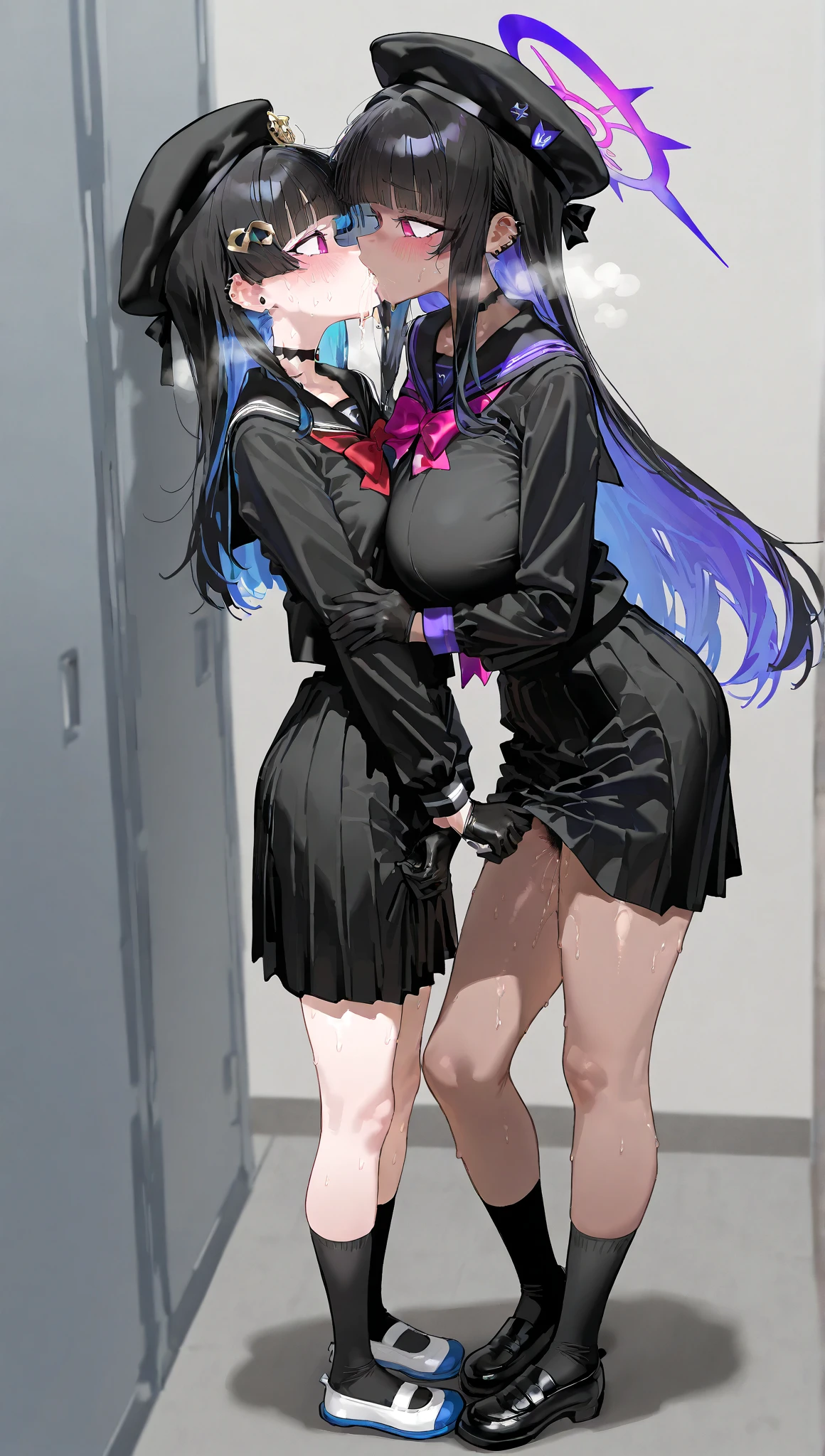stretch、Black business suit、woman、Blue Hair、office