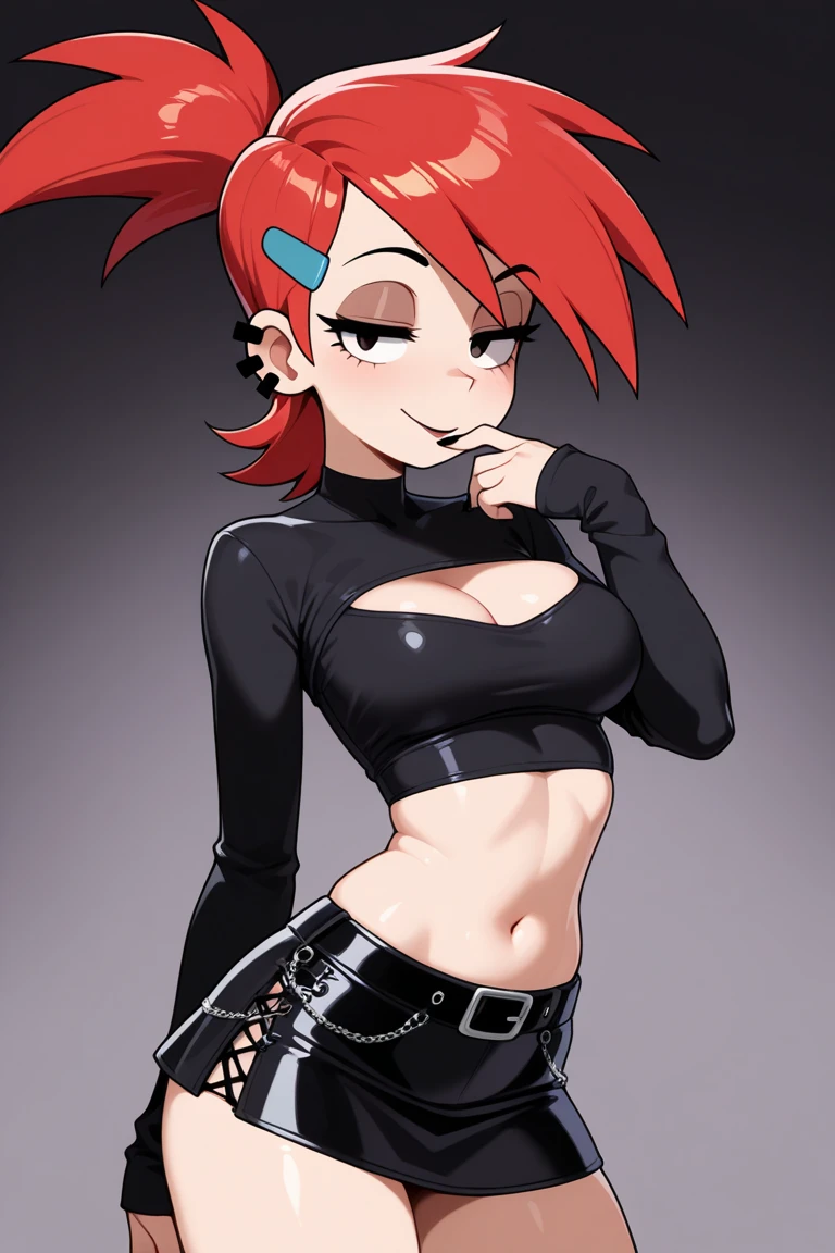 Full body image of Gwen Tennyson from Ben 10: Alien Force, full body in image, wearing her original outfit (blue top with a white collar, black pants, and black shoes, with red hair), long hair, female body, slender and athletic body, dynamic pose, detailed pose, simple background, expressive face, focus on face, line art, sketch
