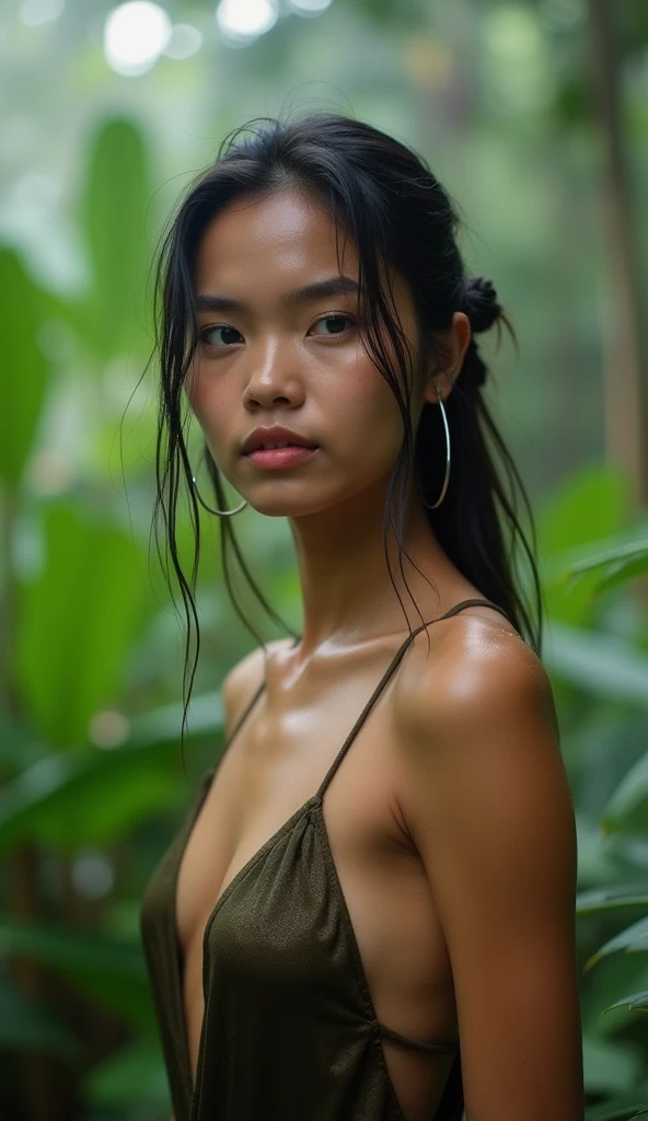 A 15yo South East Asian , lost in the jungle, all clothes missing, thick pubic hair, messy hair, a bit scratch here and there, but still beautiful face look, naked, slim body, 8K photography,firm breasts,