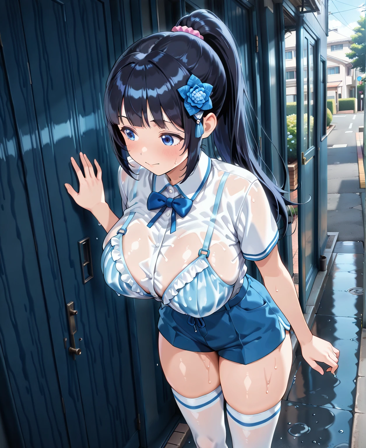 (Close-up of a woman)、((Depiction from the knee up))、((30-year-old woman))、Very large breasts、Bright smile、very short blonde hair、(Please open your mouth a little、High resolution、16k))、(((Very shiny, Sheer white bodysuit)))、Late Night City