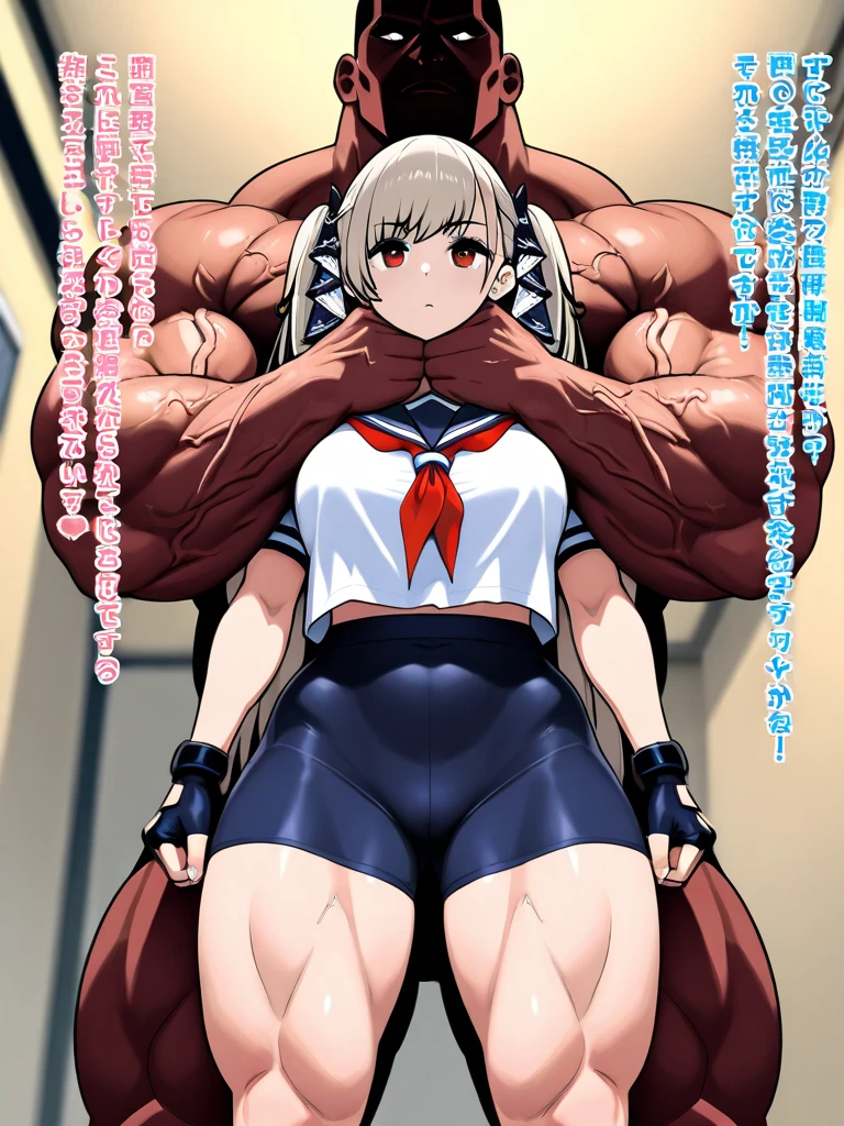 (((masterpiece))),(((best quality))),(ultra-detailed,high resolution:1.2),(illustration),((an extremely delicate and beautiful)),(detailed background), (((((hug from behind)))), sex from behind, standing sex, ((((motion lines)))), vulgarity, (((wrestling ring)))), ((1petit girl)and(1muscular man)), (height difference),hetero, ((((1petit girl,short stature)))), ten years old, (slender body:1.4), (long hair,messy hair),white hair, red eyes, ((((flat chest)))), covered navel, collarbone, pale skin,shiny skin,((She wears one piece swimsuit,frilly swimsuit, hair ribbon)), ((((panicking)))), (wavy mouth), open mouth, (trembling), (cum on clothes:1.4),cum on body,excessive cum,cum facial,bukkake,cum on hair,cum in pussy, clothing aside, clothed, (1muscular man,tall stature:1.4),large penis, ((((he has hair)))), he looks ahegao, text,