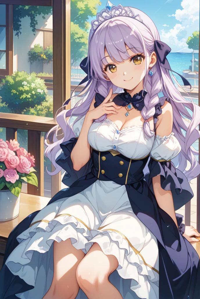 (shylily/(Twich/):1.5),(masterpiece:1.2),(best quality:1.2),, (1girl:1.3), Beautuful woman preparing tea_party in the garden, standing by the round table, serving a cup of tea, leaning forward, (meisen's tea set, tea pot, tea cups, some cakes on dish), delicate and classy French style white table with gold accents and royal_blue, (wearing light_brown maid uniform:1.7, breast cleavage, maid costume:1.2, long flare skirts, apron, bow ties on the chest), long tall sally, long legs, white hair, (wearing thin-flame glasses:1.2),(large breast, sagging breast, big , narrow waist), (medium short white hair, hair over one eye, (updo hair:1.2), side lock, asymmetric hair, wavy hair), (fine bright pupils, high detailed eyes with highlight:1.3, high detailed face, Perfect face shape, eye rush), (seductitve smiling, half-closing eyes:1.2), (looking at viewers:1.3), (dutch angle, full body:0.7, from below:1.2), ((correct anatomy:1.5, correct hands)), (ideal ratio of body proportions), (outdoor:1.2, grass field),