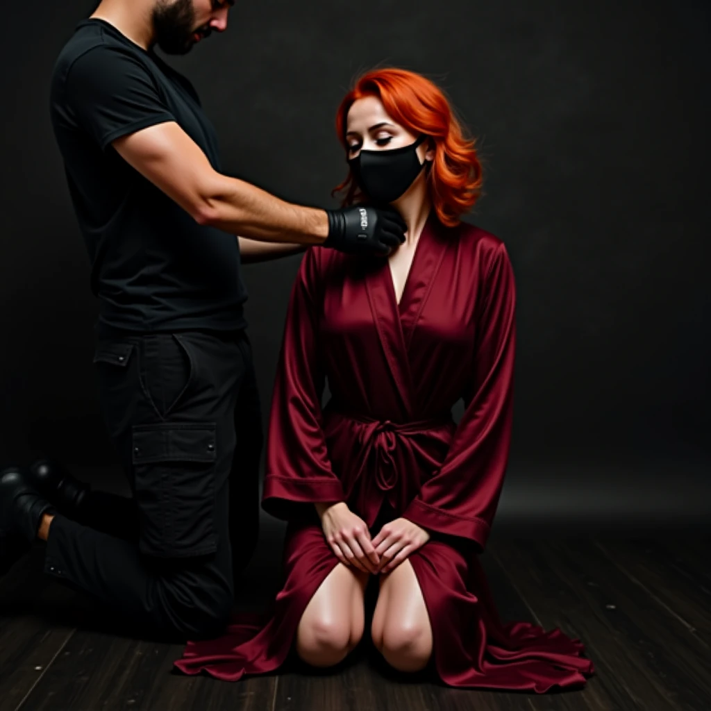 Cadre : une homme qui à attaché la fille qu'il aime a leurs lit avec des cordes et un bâillon devant la bouche.
La fille : cette femme est couché dans un lit a baldaquin ses mains et pied liés au quatre coins du lit avec des cordes rouges. Elle est bâillonnée avec une echarpe en soie rouge afin qu'elle ne puisse pas parlé. Ses cheveux etaient rouges,long et ondulés. Sa tenue etait une nuisette en soie violette. Sur son visage on voyait la peur.
L'Homme caresse le visage de la femme qu'il aime et par possession il l'a attaché et baillonnee pour qu elle ne puisse pas partir . Ses cheveux son longs,lisse et noir. Il est habillé d une maniere élégant. Chemise en soie noir pantalon noir egalement. Il regardé la femme avec affection et bienveillance il etait amoureux.
