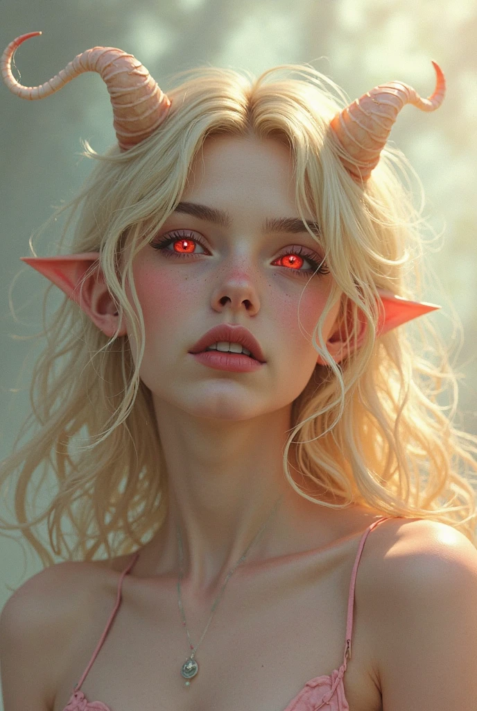 a girl in a stark white background, demoness with flowing hair, glowing red eyes, curved ram horns, sharp ears, red skin, wearing a light wedding dress, seductive, monochromatic, eerie atmosphere, (best quality,4k,8k,highres,masterpiece:1.2),ultra-detailed,(realistic,photorealistic,photo-realistic:1.37)