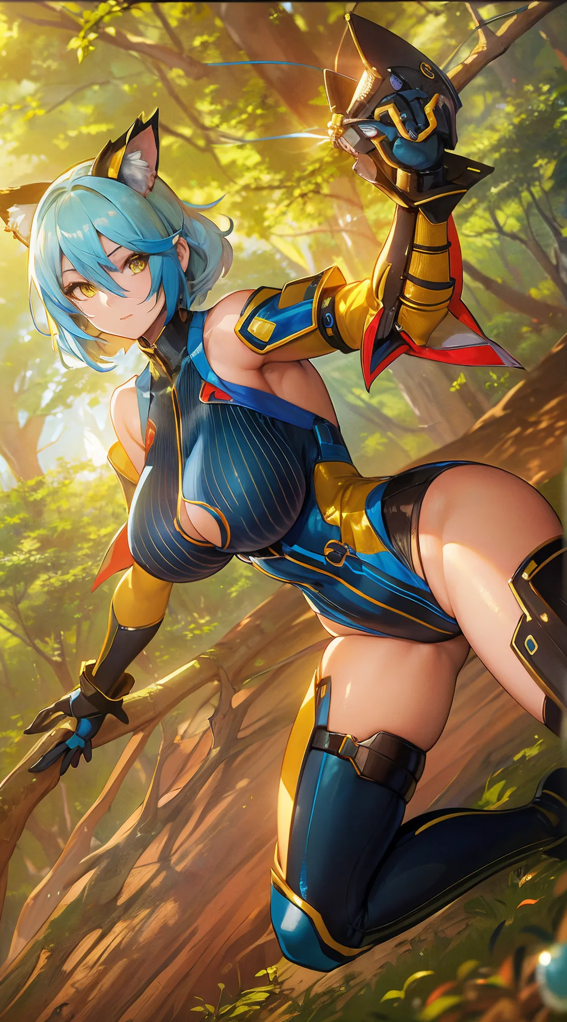 (masterpiece), best quality, lines, 1girl, solo, large breasts, hews, <lora:hews40:0.8>, <lora:Eula:0.75>, eula, thick thick thighs, short hair, blue hair, bodysuit, genshin impact, arms behind head, forest,