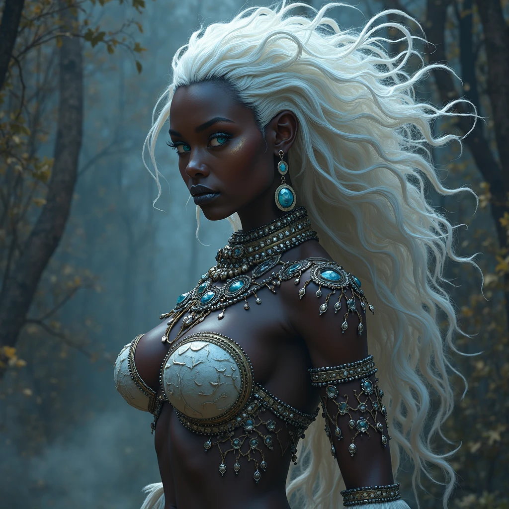 a portrait 1 woman long white hair, (dark skin), with wood and intricate stone skin, luminosity and intricate energy to details, well-shaped body, shapely legs, muscular legs, blue eyes, (bright eyes), (bright eyes), emitting a blue glow), beautiful, calm expression, intense fog hovering over the ground, (masterpiece), (CGI), (High resolution), (hyper detailed),