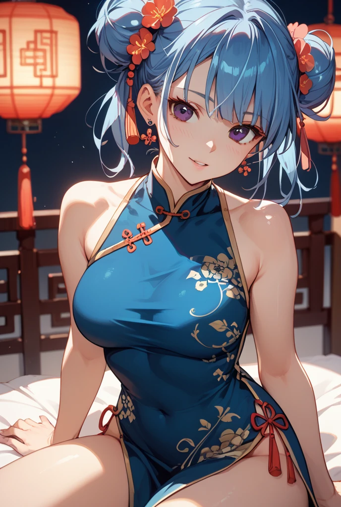 (masterpiece), ((Highly detailed 8K illustrations)), High resolution, (Highly detailed and beautiful background), Super precise painting, professional illustration, Super precise depiction, Super detailed depiction, (beautiful and aesthetic:1.2), HDR, (Depth of bounds written:1.4), colorful, Brilliant, Beautiful detailed glow light particles, Complex:1.4, zentangle,
(girl), ((Rem,Re:zero,blue hair,short hair)),(Highly detailed beautiful face and eyes), white skin, perfect body, thighs, big breasts, big areola, cleavage,blue eyes, pink hair, oily skin, cute, bare shoulders, China dress, cheongsam clothing, short dress, cleavageカットアウト, side boob, thighs, smile, character focus, cowboy shot,