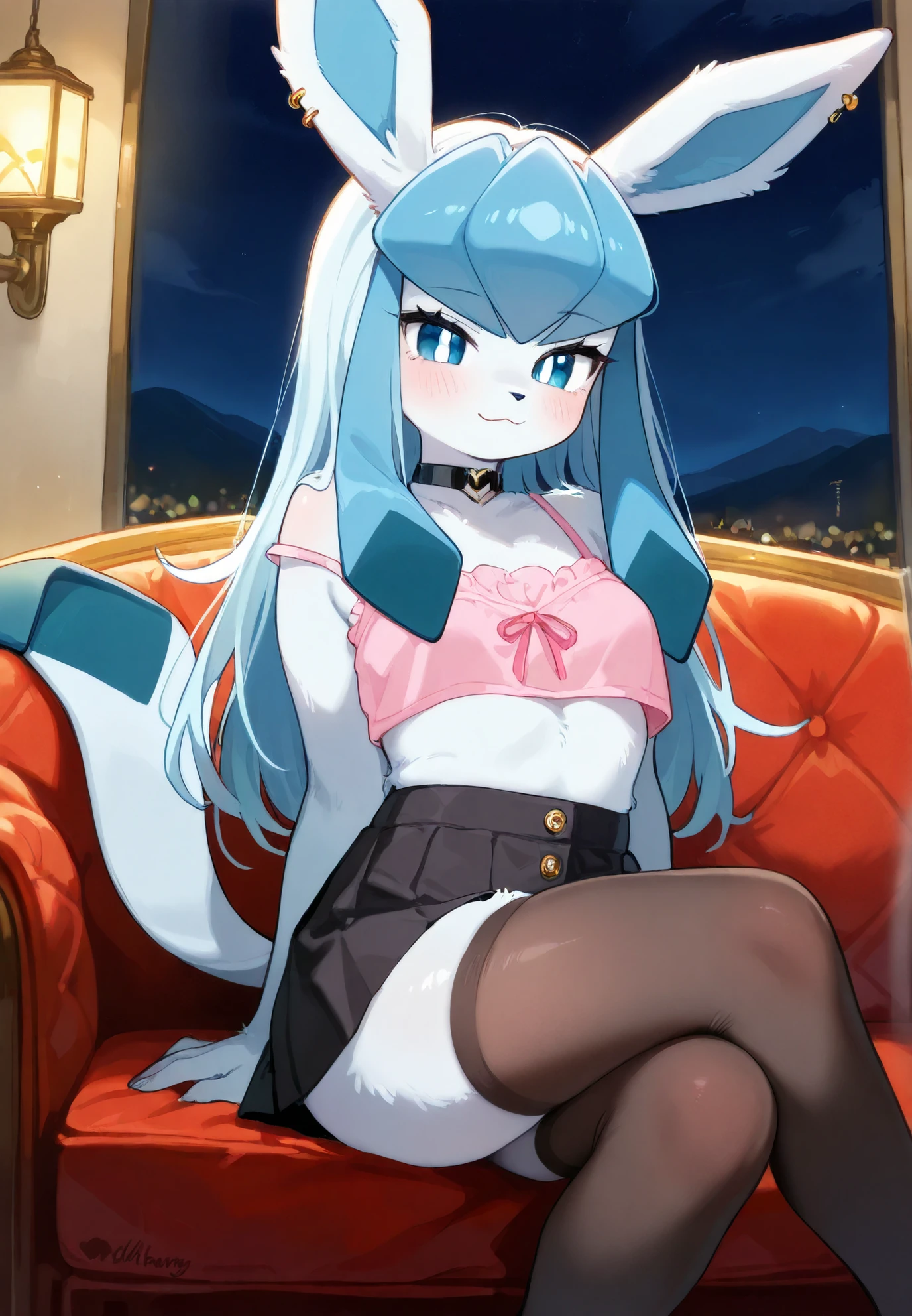 source_furry, furry, anthro, 1girl, Glaceon, Pokemon, long hair, crop top, piercings, thigh highs, skirt, sitting on a couch, sexy pose, alluring atmosphere, night time, mountain cottage, cinematic lighting, masterpiece,top quality,warm color,high resolution,high fashion,absurdres extremely,vivid colors,intricate details,best quality,amazing quality,very aesthetic,newest,ultra-detailed,nsfw