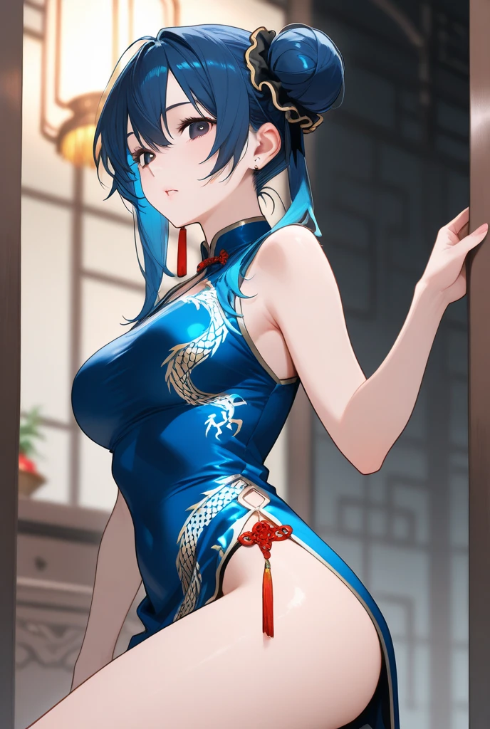 yamashiro (kancolle), 1girl, solo, breasts, looking at viewer, blush, short hair, large breasts, simple background, black hair, hair ornament, red eyes, thighhighs, dress, flower, alternate costume, black thighhighs, hair flower, black dress, garter straps, chinese clothes, floral print, crossed arms, china dress, pelvic curtain
