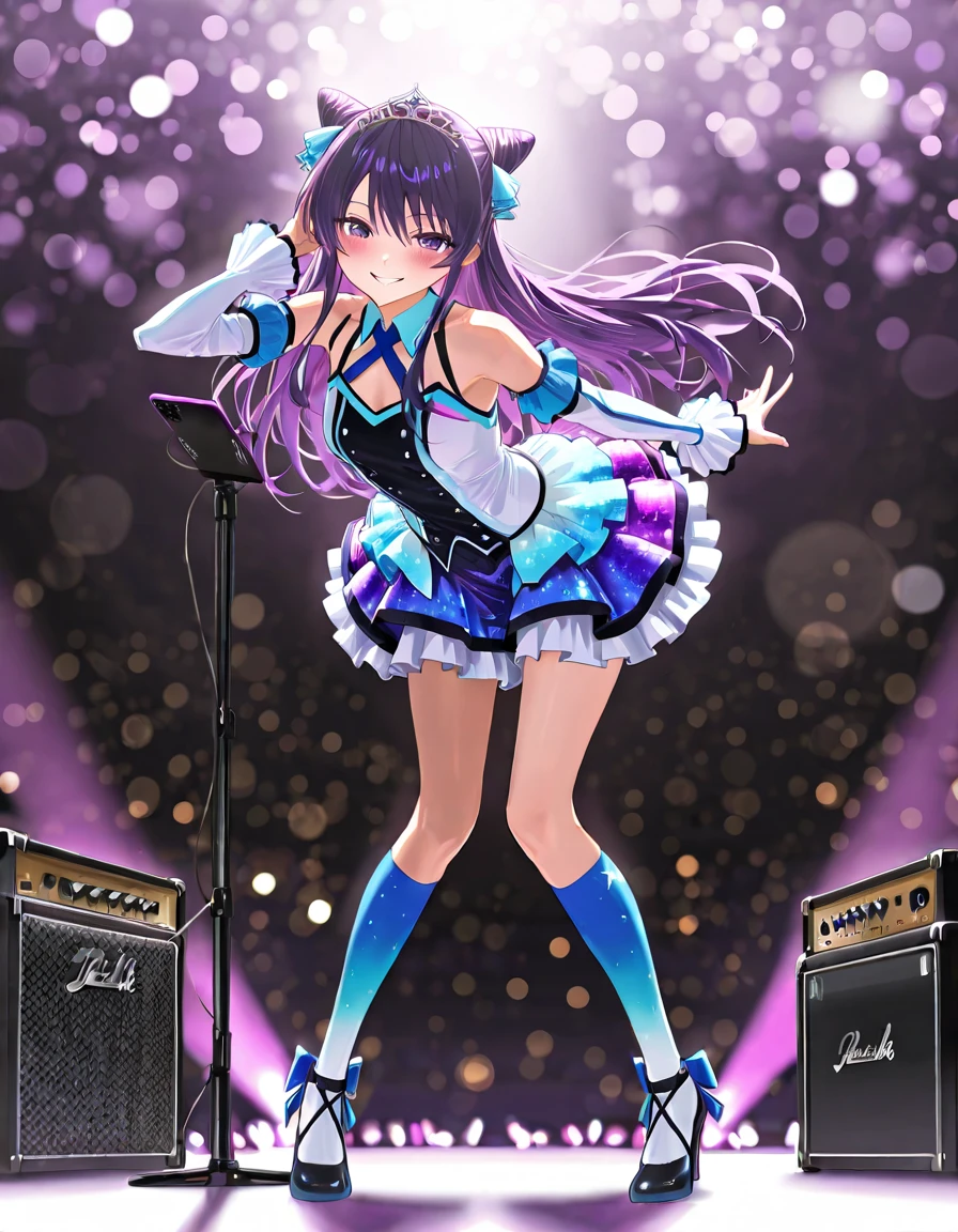 Illustration, cinematic light, high resolution, best quality, ultra detailed, detailed face, (detailed eyes), highest quality, super detailed, masterpiece, (detailed face), pretty face, best smile, sexy mature woman transparent (cute t-shirt) cloth, floating cloth, see-through, choker, , D cup, cleavage: 2, NSFW, high heels, blue eyes, neon small shiny hair edges, ruffled mini skirt, AI fantasy concert, glowing lighting with neon details, holding a microphone in left hand and singing: 15, black magic 💕, (live stage: 1.15) in the background audience, butt sticking out and singing, light reflection, heart-shaped iris, playful eyes, open shoulders, rain, (wet body), small glowing butterfly, hair jewelry, panties, (cute embroidered white string panties)