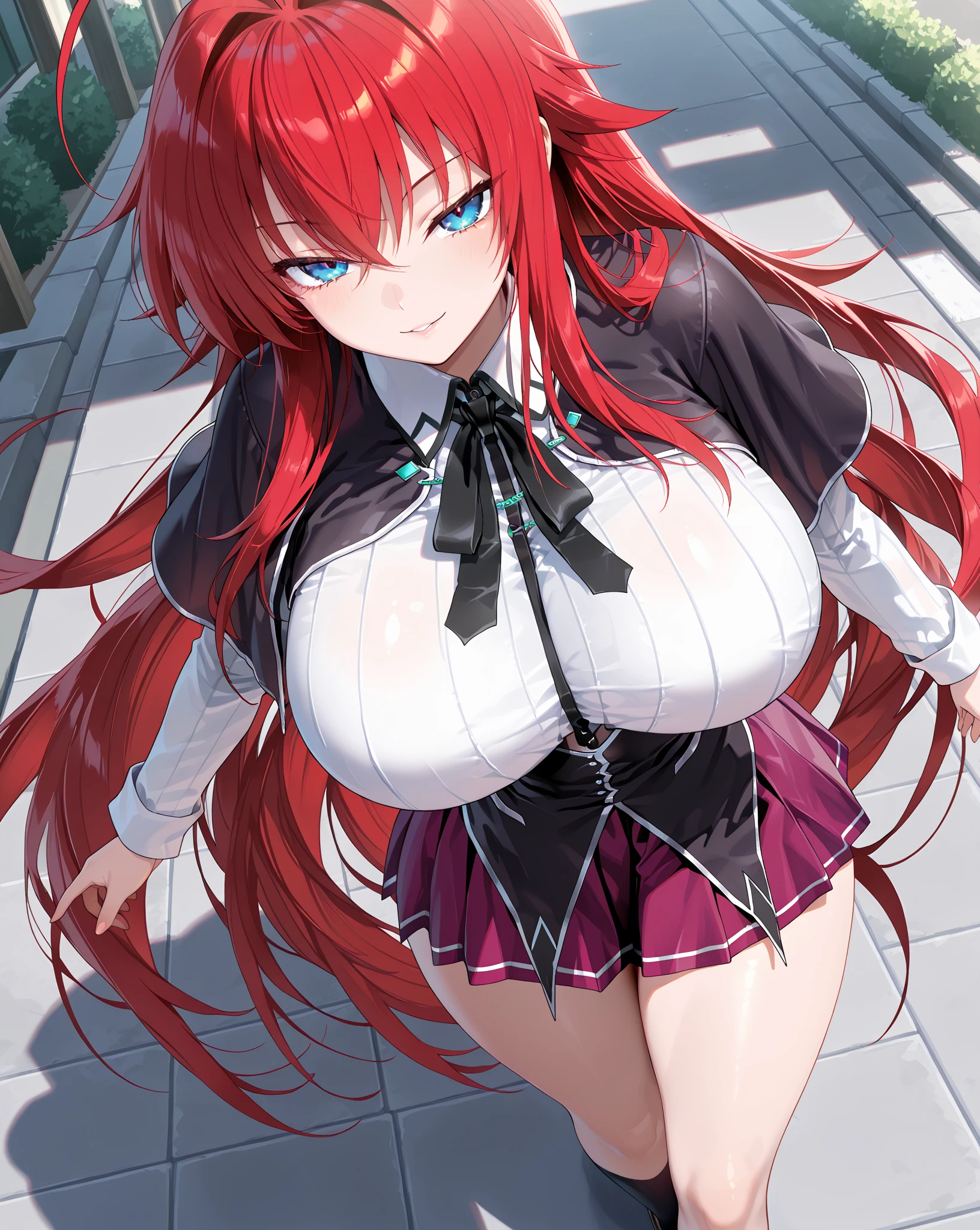 (1girl), (A dynamic pose of a stunning Rias Gremory), in focus, photo, (photorealistic), (full body shot), wide angle, face in frame, looking at camera, eye contact, seductive, standing in a classroom doorway, ((white button-up shirt open to show cleavage and a plaid skirt)), platform heels, huge boobs, huge cleavage, lip fillers:1.8, silicone lips:1.8, dark lipstick, shiny wet lips, pink hair in a messy bun, shiny tanned skin, detailed face, detailed body, detailed muscles, flawless skin, , blemish-free skin, hdr, 8k, best quality, detailed, hyper details, cinematic, insane details, intricate details, hyperdetailed, golden hour, accurate hands, accurate fingers