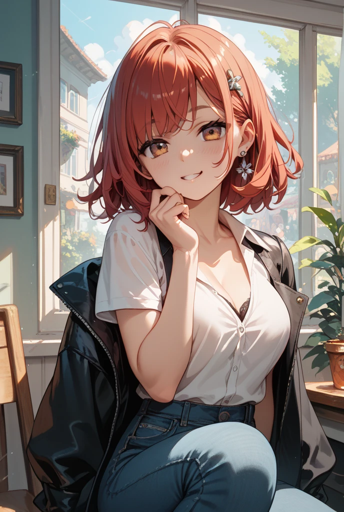 A girl with cat ears, pink hair, white T-shirt, light blue shorts, necklace, friendship bracelet, small T-shirt, smile, look this way, in a classroom by the window, gentle sunlight, sunset,