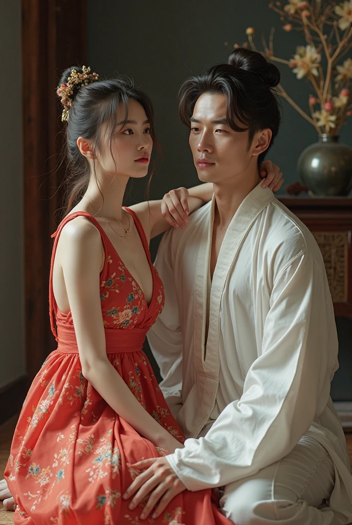 A handsome Asian man and a young Korean woman make love, age difference, age difference, giant size, Chinese period costumes, Chinese traditional hair, ((người đàn ông 18 years old, nude, muscle, smiling face, 6-pack abs, broad shoulders, eo hẹp, ((His face resembles a Korean male idol)), hug the girl from behind, touching the girl&#39;s chest, naked, kiểu Chinese traditional hair), ((25 tuổi sexy young girl, naked small size and skinny, kiểu Chinese traditional hair, ngực f cup, face red because of embarrassment, tư thế tình dục, kiss, âm đạo hồng hào, nude, biểu cảm frightened, blush, Stick out tongue, eyes widened with joy)), 18 years old, A young girl, bed, Face details, thực tế, ngực, nude, tình dục, large chest groove, small areola, Body, happy expression, blush, sweat, wet stabbing, semen, frightened