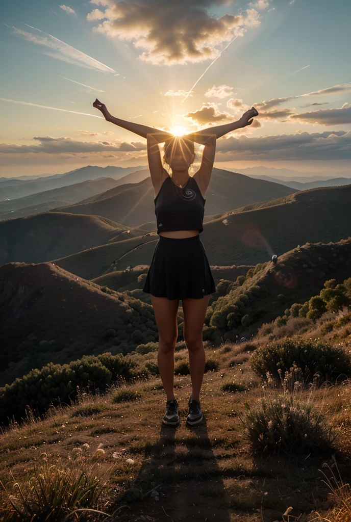 A silhouette of a woman standing on a cliff, gazing at the vast expanse of a breathtaking sunset. The sky behind her is ablaze with vibrant hues of orange, pink, and purple, creating a dramatic backdrop. Her long hair dances in the wind, and her figure exudes a sense of serenity and wonder. Capture the emotional impact of the scene, emphasizing the connection between the woman and the majestic sunset