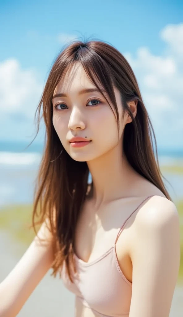 8k, highest quality, masterpiece, super high resolution, (realistic:1.4), RAW Photos, (Film Grain:1.3), One Girl, portrait of a skinny Japanese woman, 30 years old, standing on the beach, a cute face, detailed face, detailed eyes, {short|long} hair, correct body anatomy, photogravure