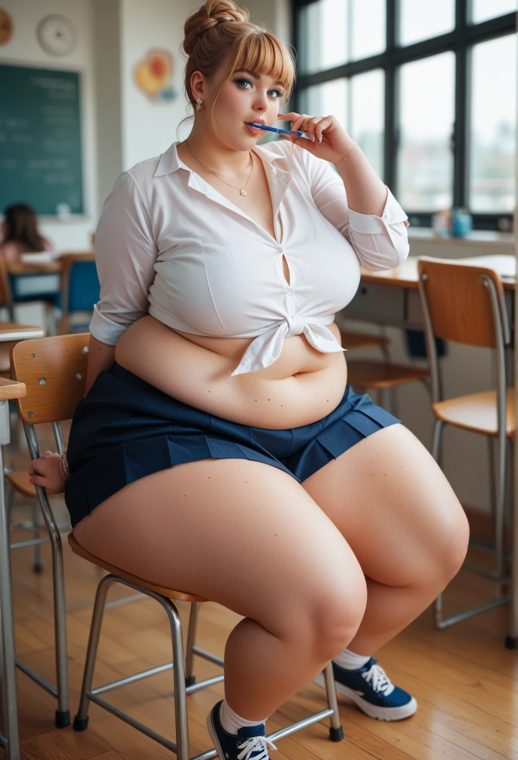 a 15 year old obese girl, chubby cheeks, round face, double chin, thick arms and legs, wearing a , standing in a school setting, realistic, detailed, highly detailed, intricate details, photorealistic, 8k, masterpiece, cinematic lighting, dramatic shadows, vibrant colors