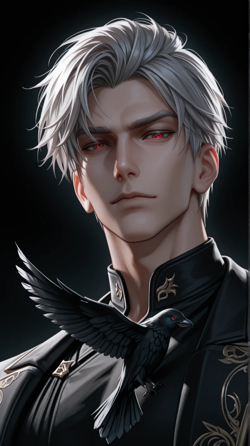 Man with white hair and grey eyes, covered in blood, Shadows, dark
