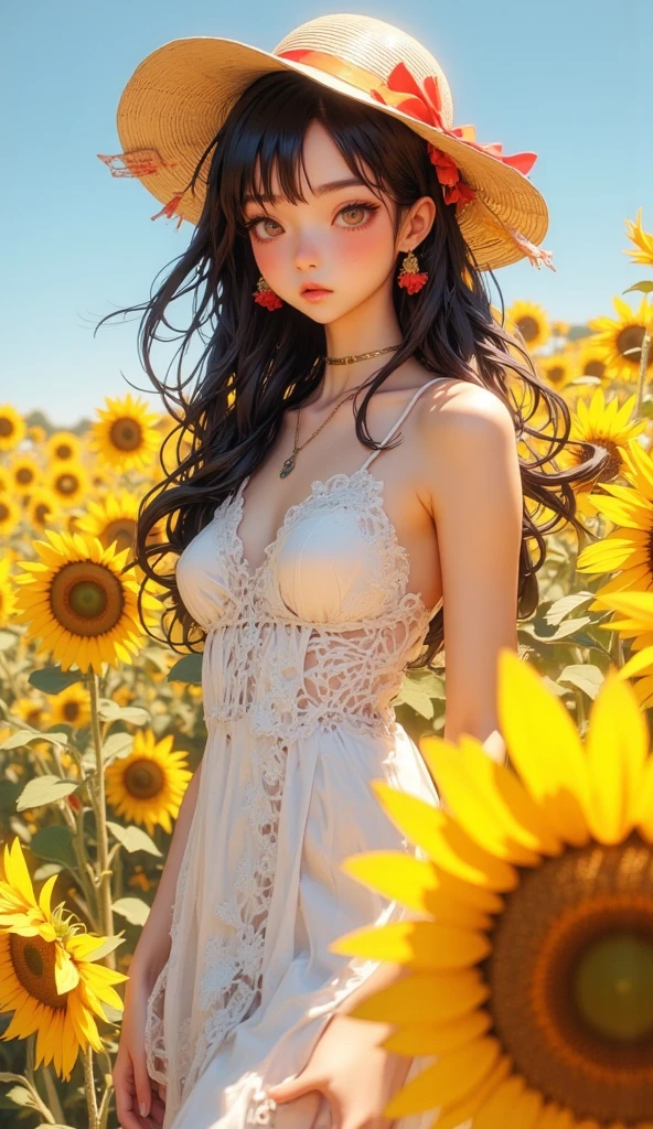 ( Absurdly , High quality , ultra detailed ) ,( hand detailed ) , 1girl, solo, mature, very long hair, sunflower hair , beautiful crystal eyes ( eye detailed ) Baroque, Necklace, long dress, long sleeve, elegant, colorful, highest detailed, upper body , with the river and sunflowers