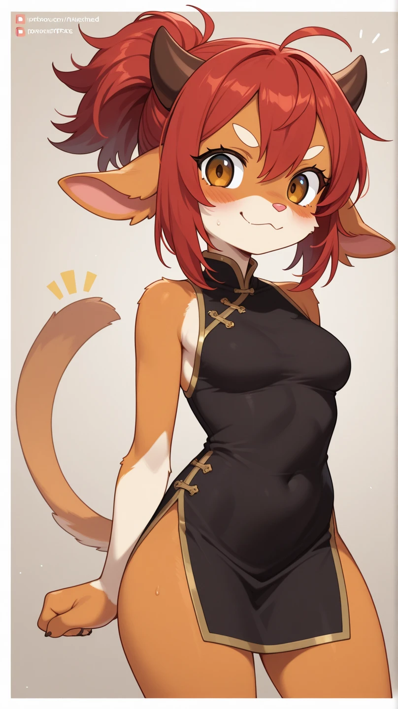 score_9, score_8_up, score_7_up, score_6_up, score_5_up, score_4_up, rating_explicit, source_furry, female, cute anthro female, cute face, detailed background, looking at viewer, solo, solo focus, (no nipples, no vagina:1.2), (digital pen line-art, soft lines, soft shading, pinup, cartoon, anime:1.2), tkflora,tiger, striped fur, tiger tail, open smile, (red Qipao:1.4), (tied hair, hairsticks:1.2), (chinise hall:1.4), back view, butt, tiger tail, looking at viewer