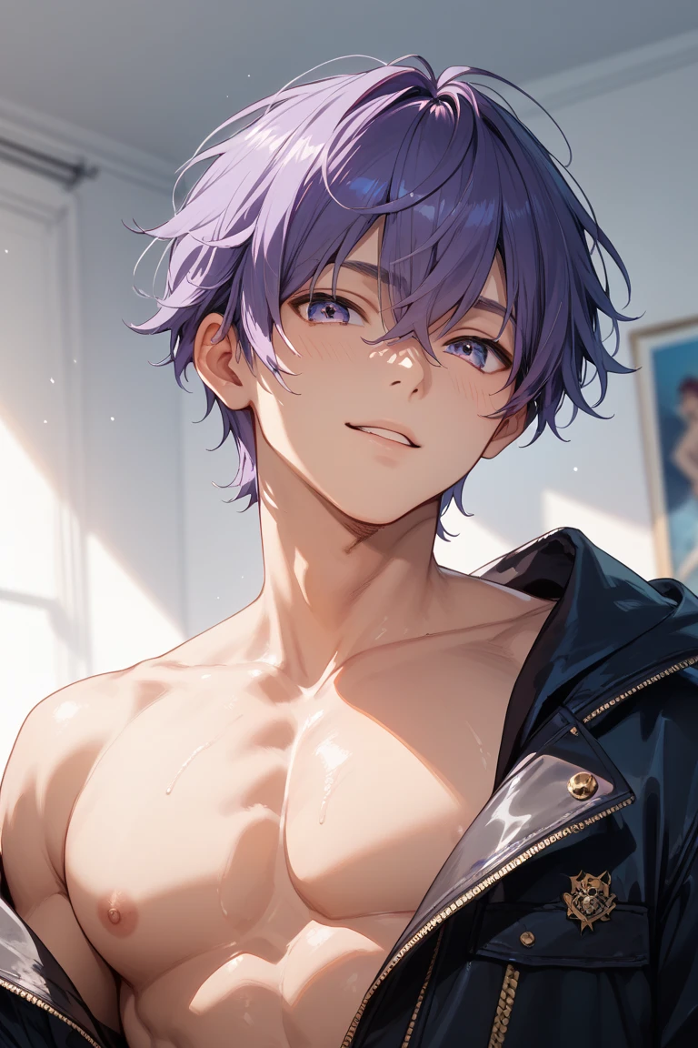 Anime Boys in light blue bra with purple hair and purple eyes、Short Hair、Purple Hair、Purple Eyes、hair clip、A delicate androgynous prince、Beautiful androgynous prince、seductive Anime Boys、Tall Boy、clothing: Light blue bra、female panty、bra with an light blue、light blue panty、Toned body、Anime Best Boy、panty with an light blue、attractive Anime Boys、Beautiful and attractive anime teen、bra and panty only、かっこいいAnime Boys、Beautiful and attractive anime men、(Anime Boys)、Anime Moe Art Style、perfect body、perfect hands、perfect fingers、perfect legs、perfect arms、bra and panty only、Cool anime pose、(male body:1.3)、Smooth anime CG art、